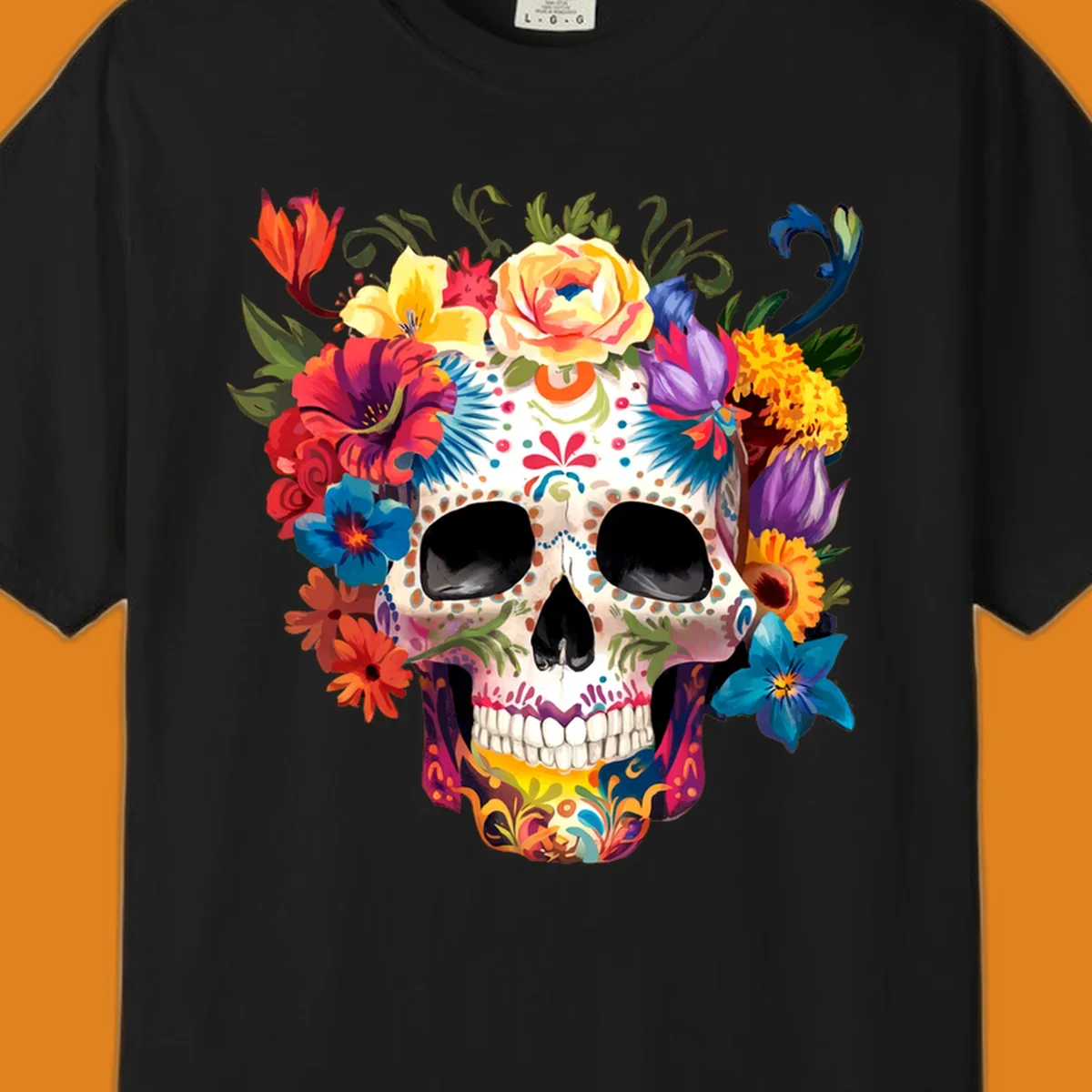 A vibrant floral sugar skull, or calavera, with a large crown of colorful flowers in red, yellow, blue, and purple.