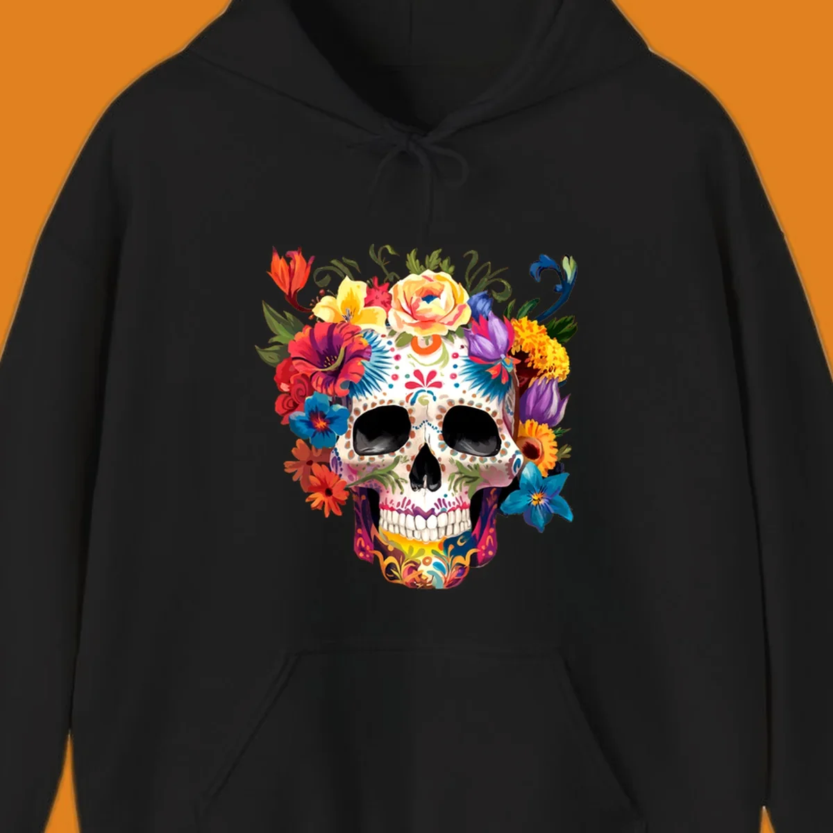 A vibrant floral sugar skull, or calavera, with a large crown of colorful flowers in red, yellow, blue, and purple.