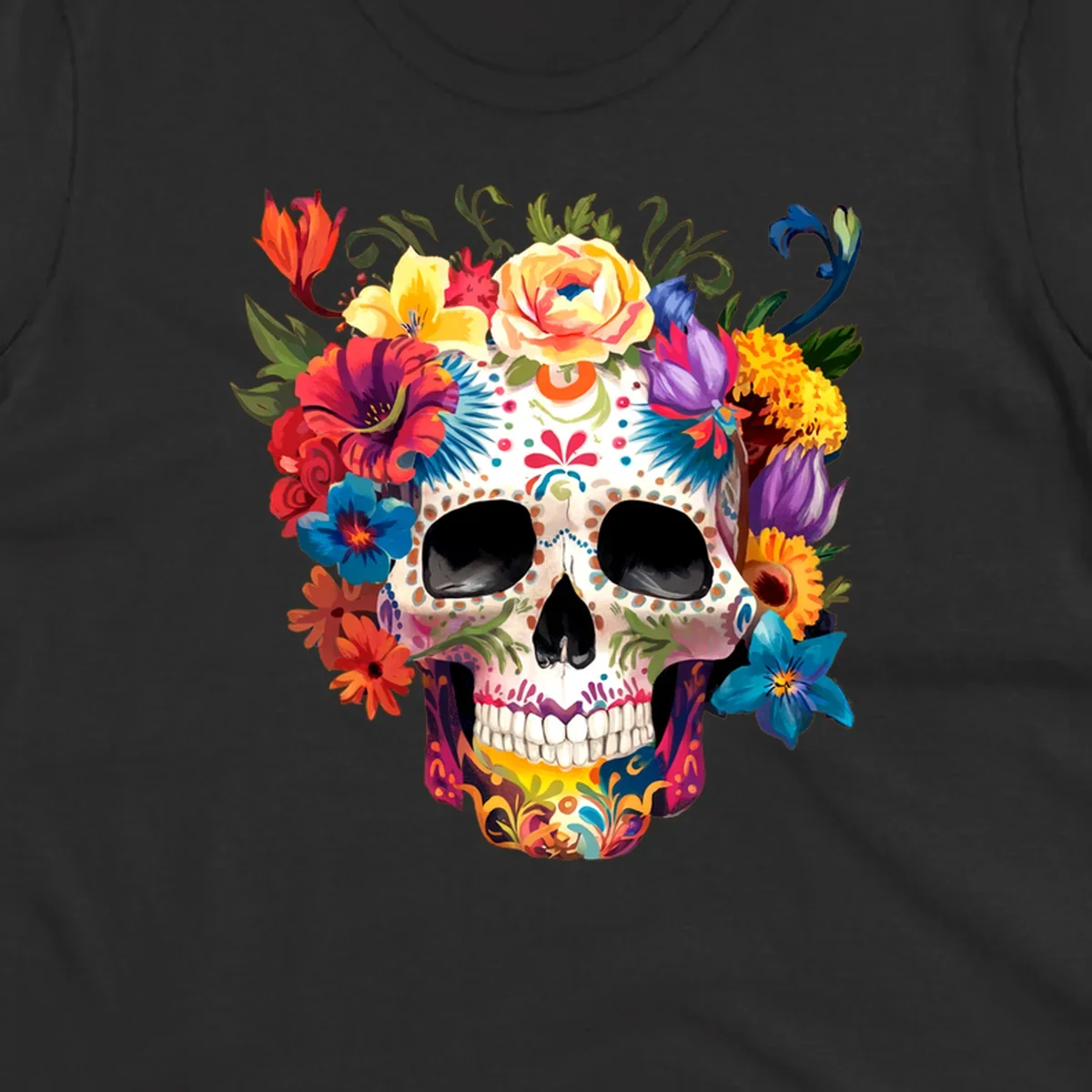 A vibrant floral sugar skull, or calavera, with a large crown of colorful flowers in red, yellow, blue, and purple.