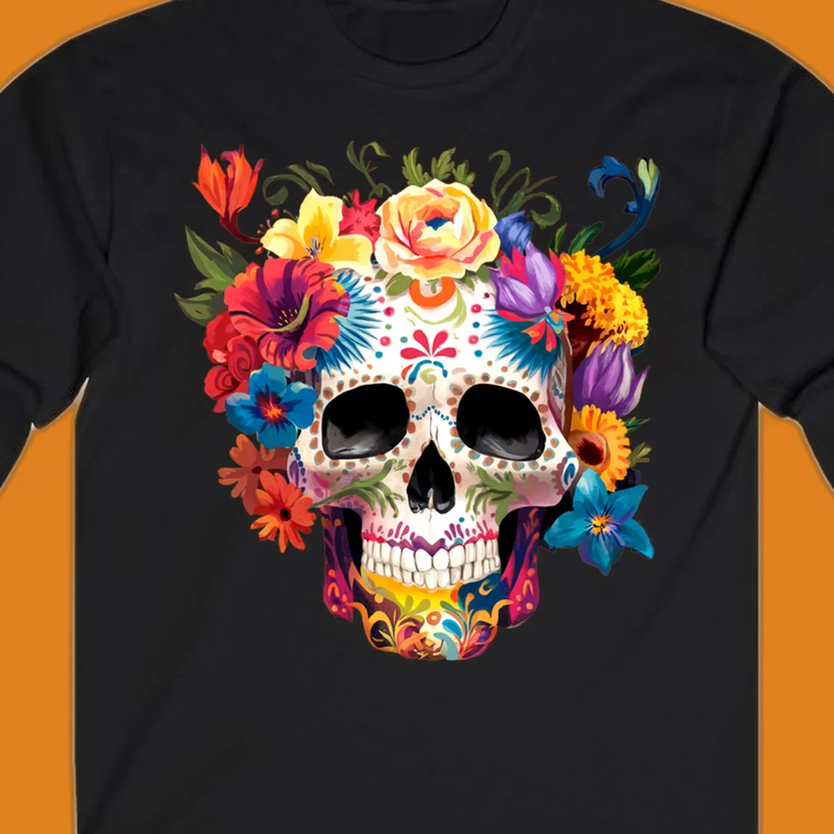 A vibrant floral sugar skull, or calavera, with a large crown of colorful flowers in red, yellow, blue, and purple.