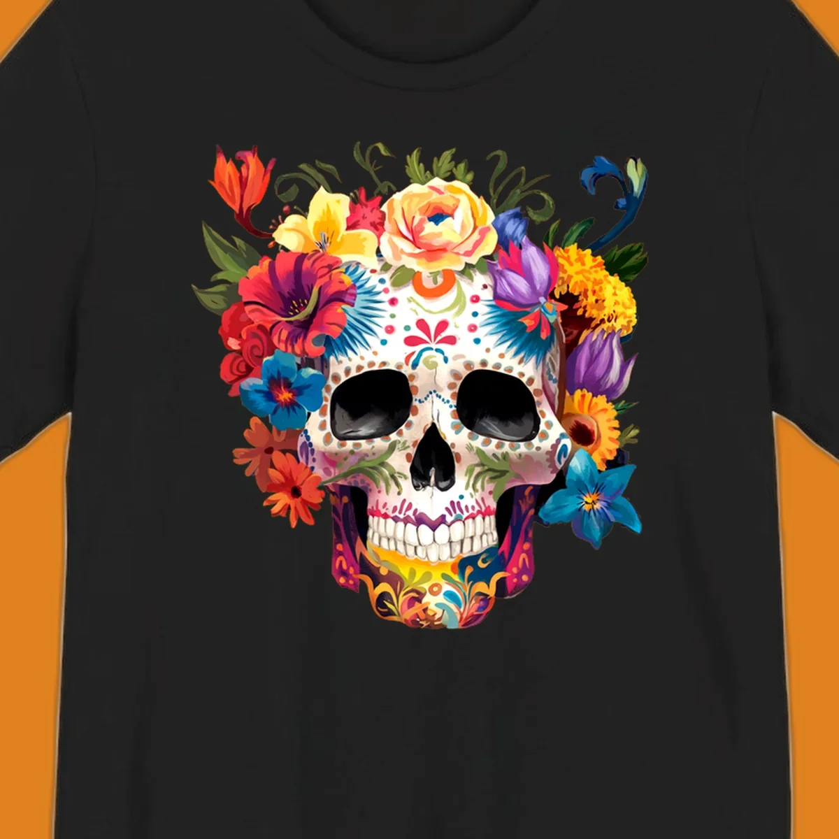 A vibrant floral sugar skull, or calavera, with a large crown of colorful flowers in red, yellow, blue, and purple.