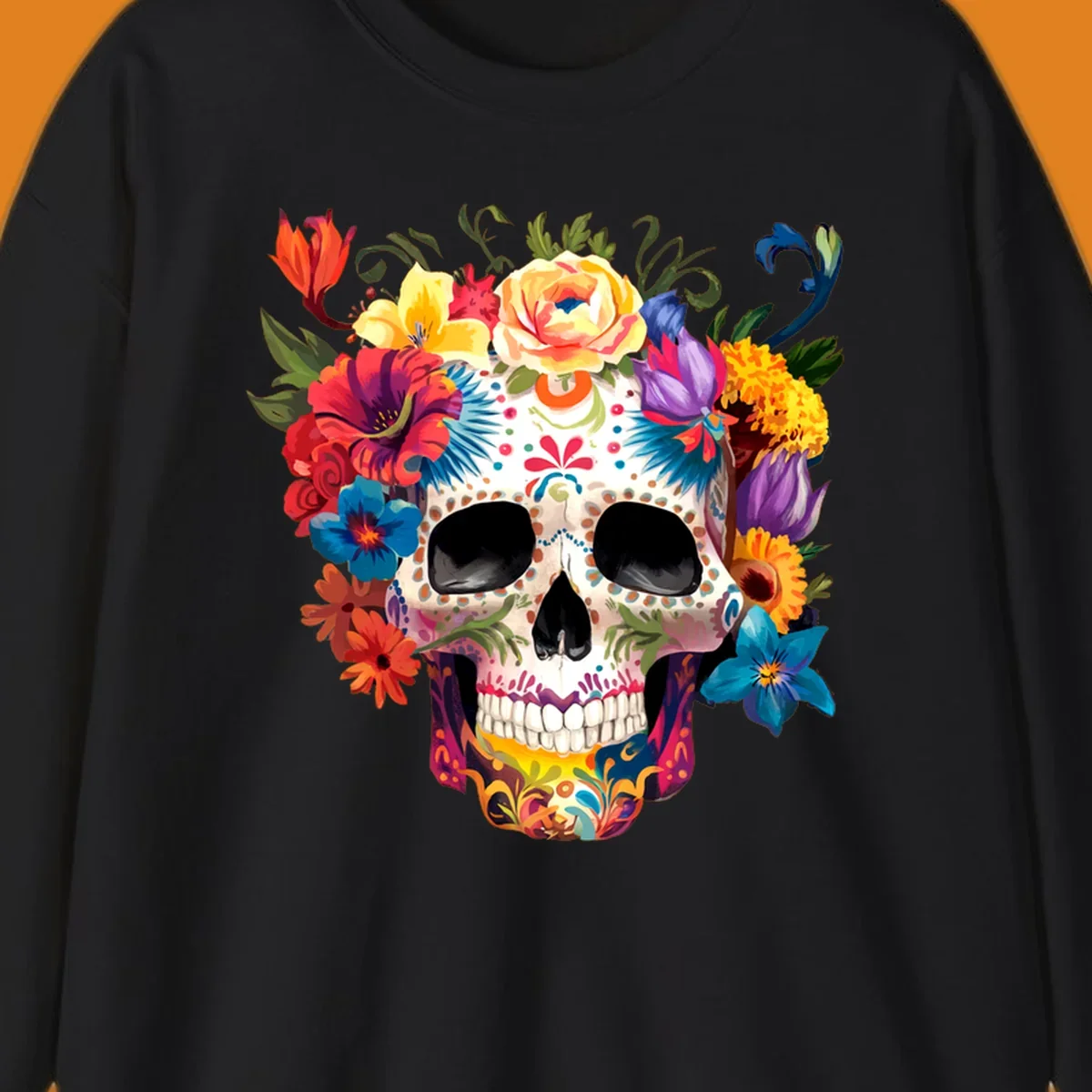 A vibrant floral sugar skull, or calavera, with a large crown of colorful flowers in red, yellow, blue, and purple.