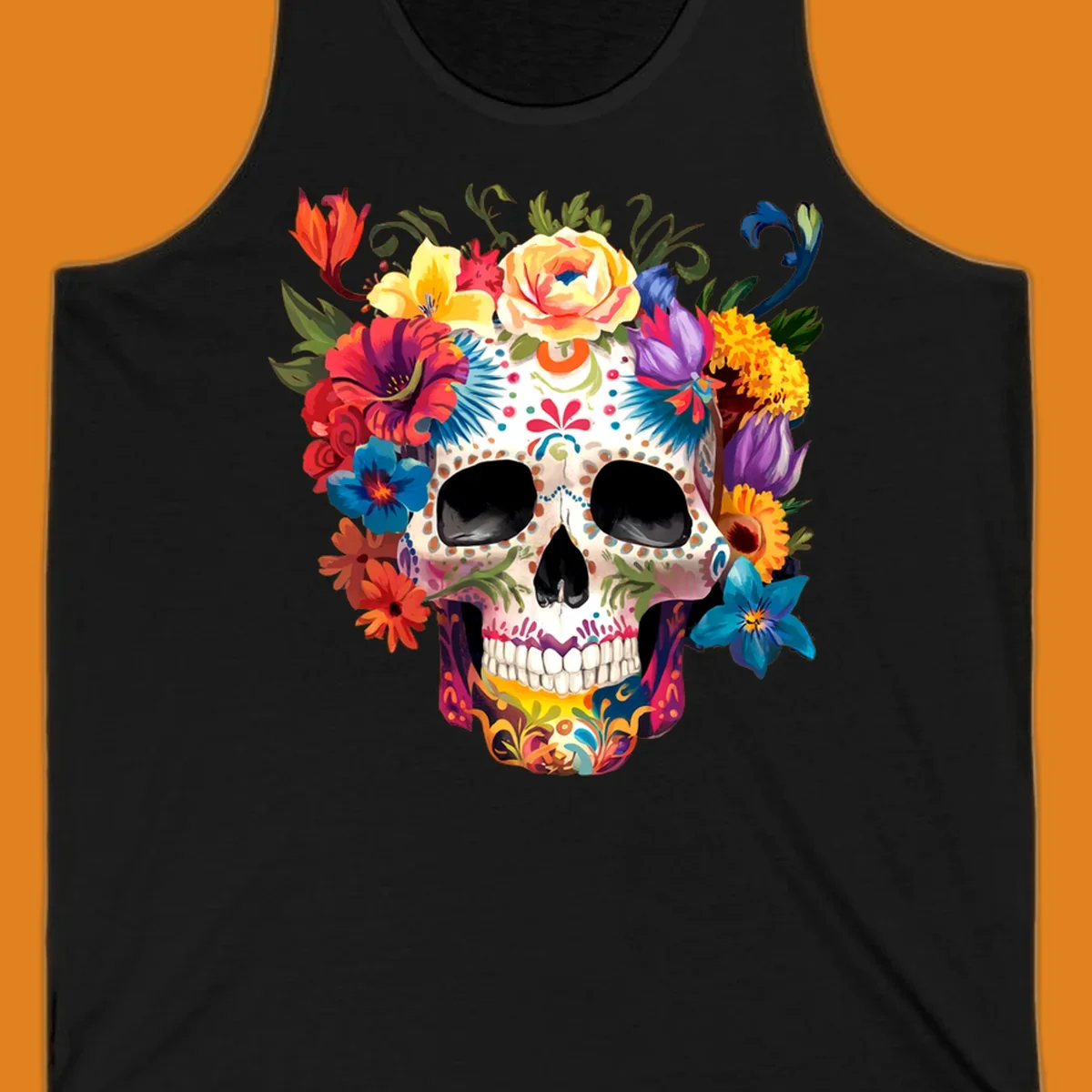 A vibrant floral sugar skull, or calavera, with a large crown of colorful flowers in red, yellow, blue, and purple.
