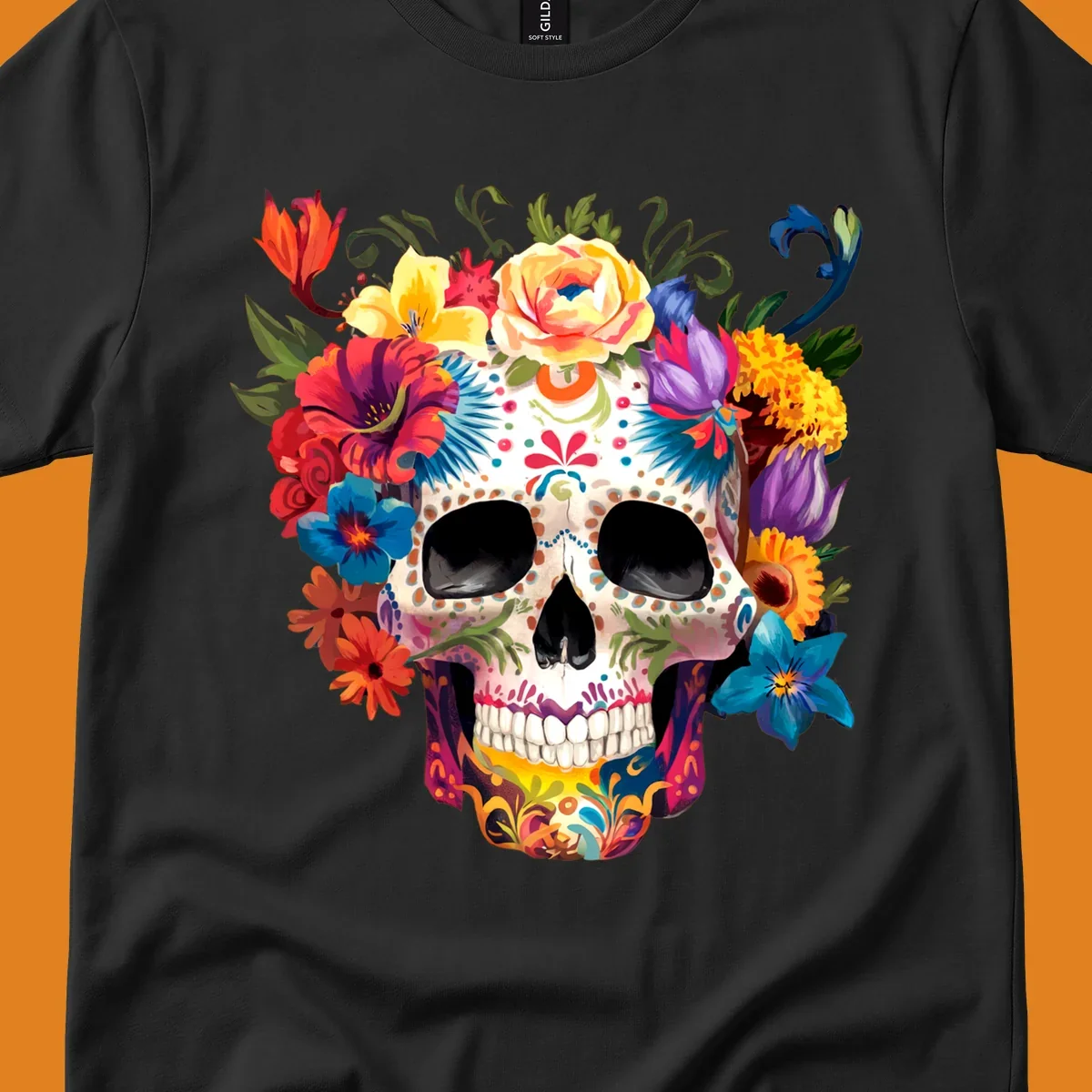 A vibrant floral sugar skull, or calavera, with a large crown of colorful flowers in red, yellow, blue, and purple.