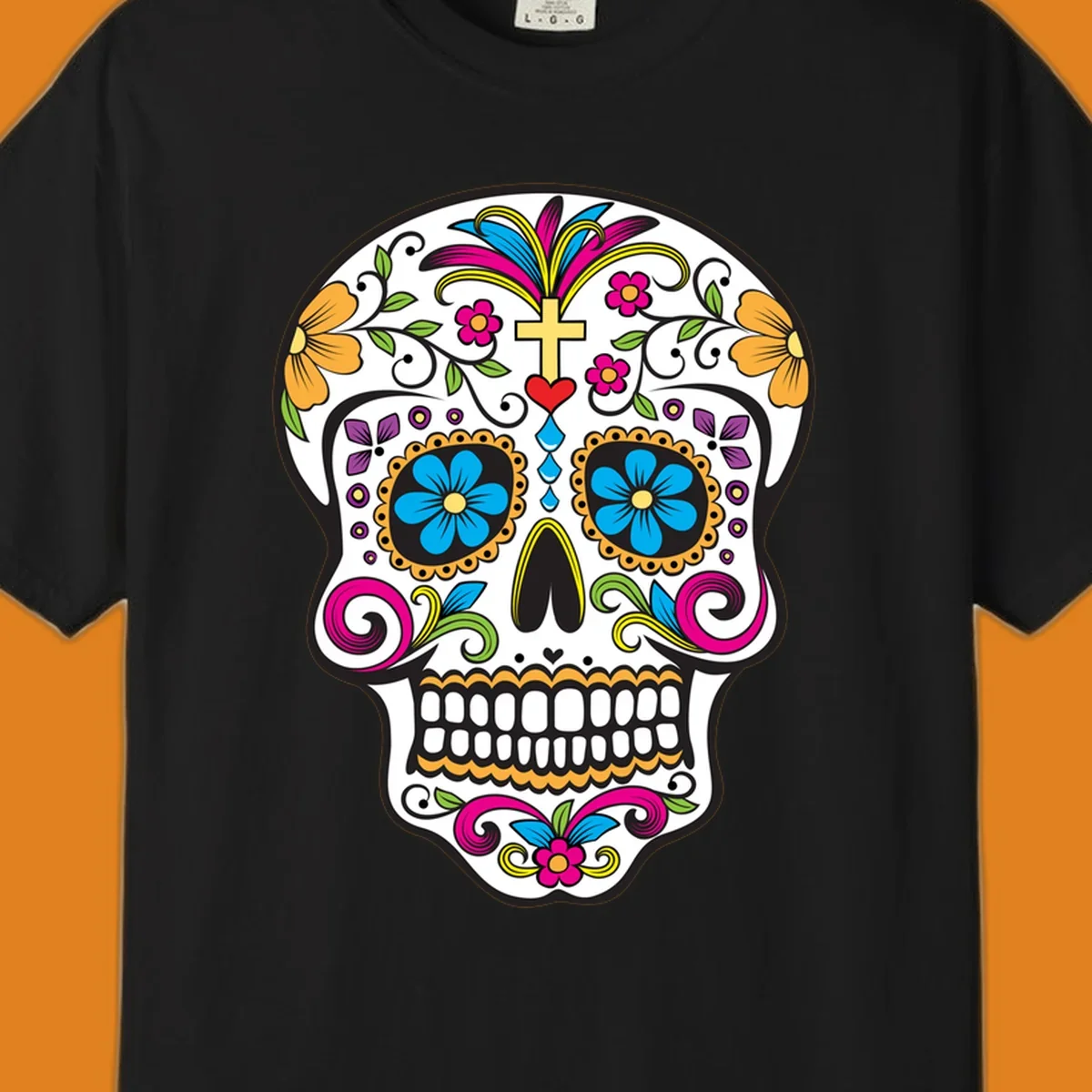 A vibrant sugar skull calavera illustration with colorful flowers, green leaves, a golden cross, and blue tears.