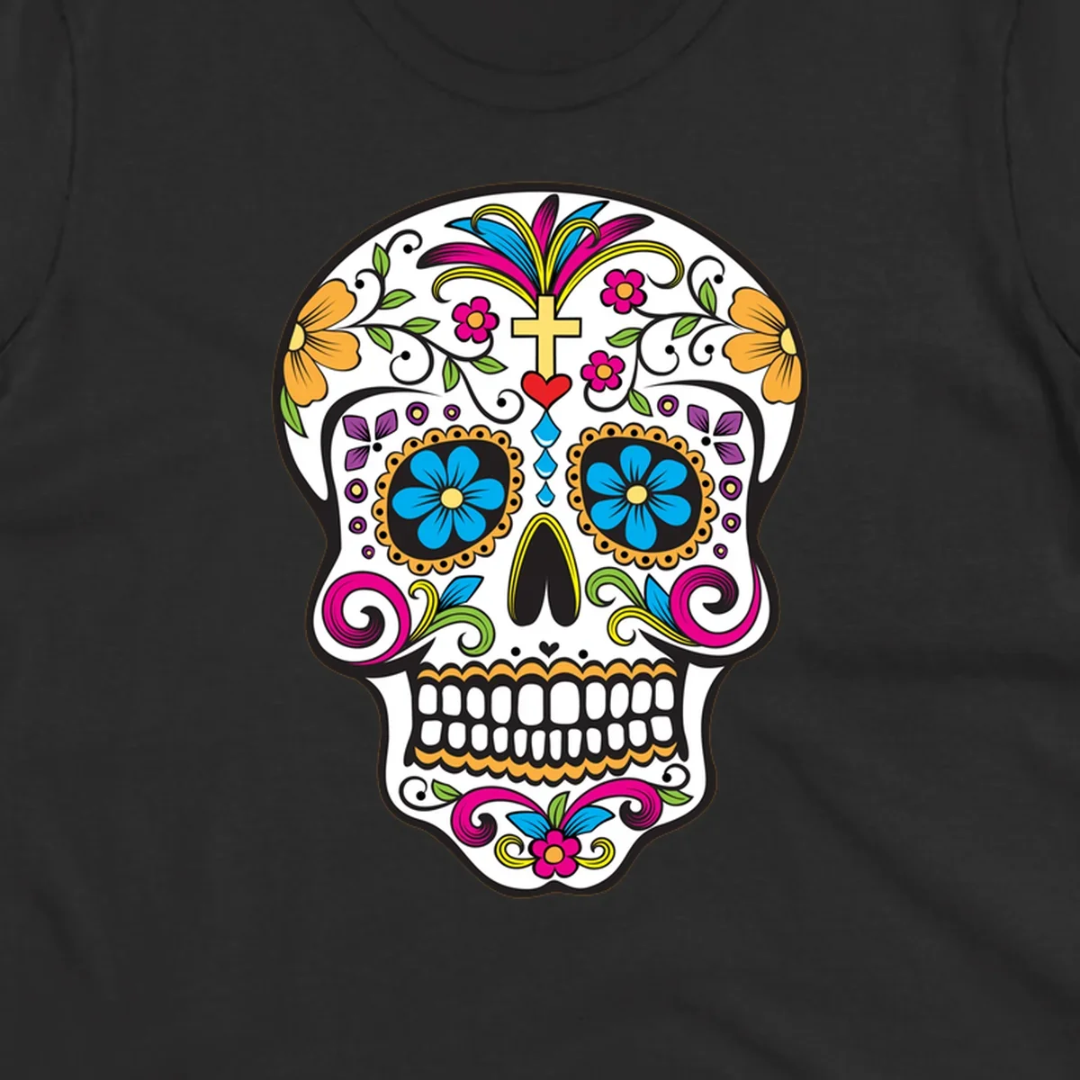 A vibrant sugar skull calavera illustration with colorful flowers, green leaves, a golden cross, and blue tears.