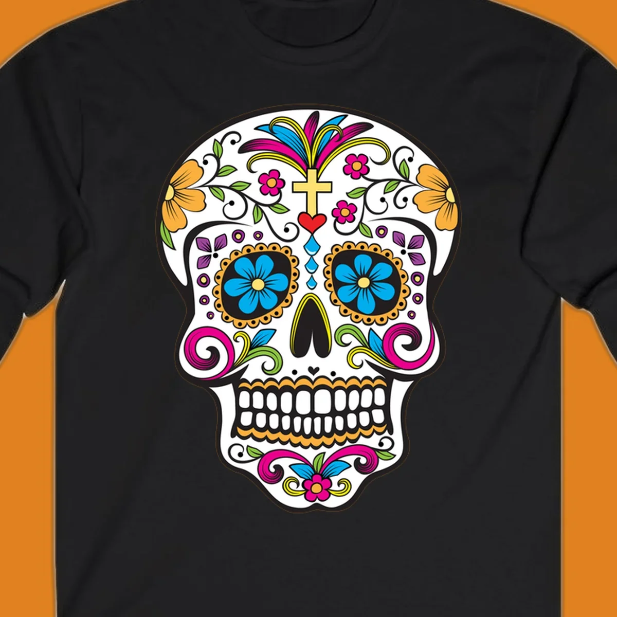 A vibrant sugar skull calavera illustration with colorful flowers, green leaves, a golden cross, and blue tears.