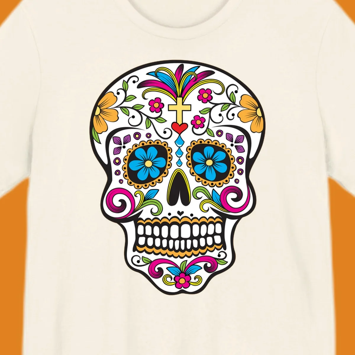 A vibrant sugar skull calavera illustration with colorful flowers, green leaves, a golden cross, and blue tears.