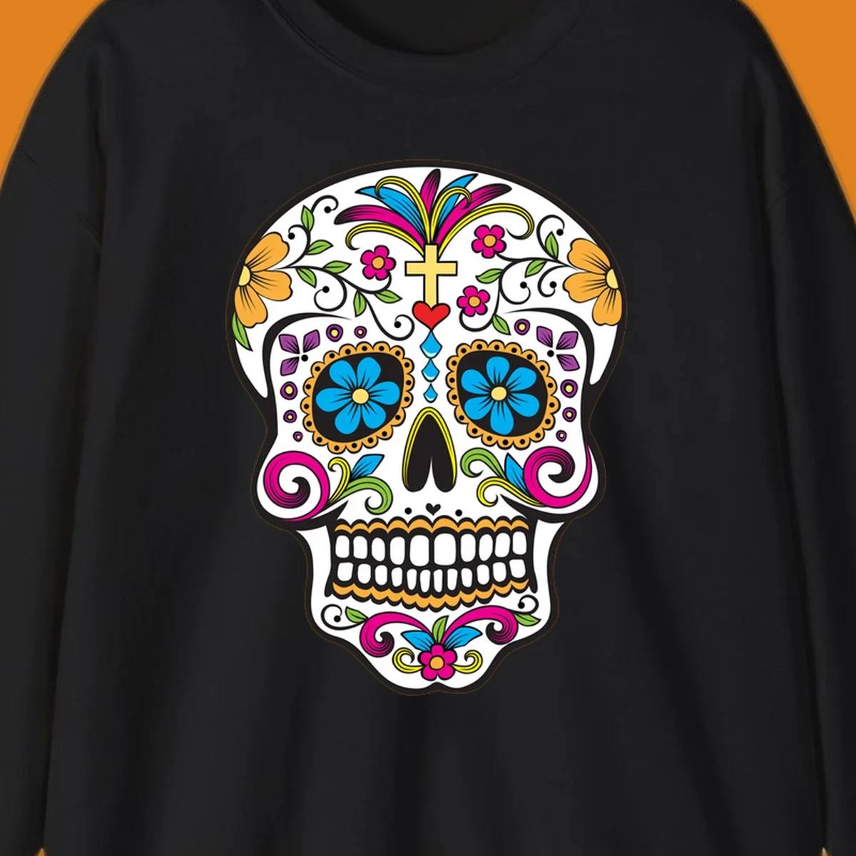 A vibrant sugar skull calavera illustration with colorful flowers, green leaves, a golden cross, and blue tears.
