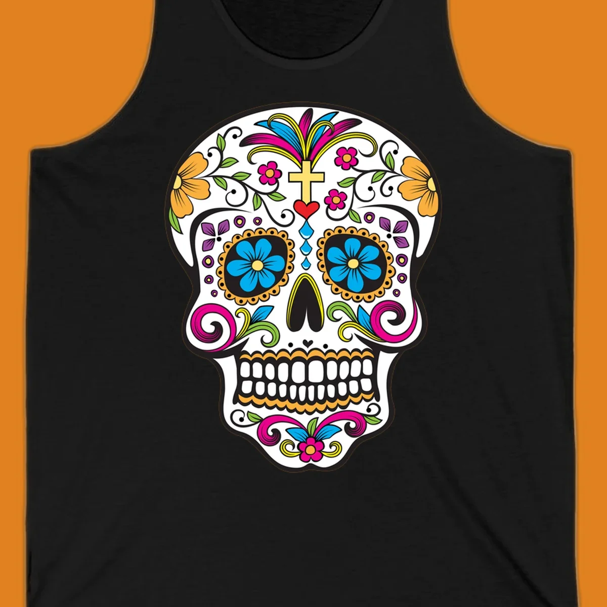 A vibrant sugar skull calavera illustration with colorful flowers, green leaves, a golden cross, and blue tears.