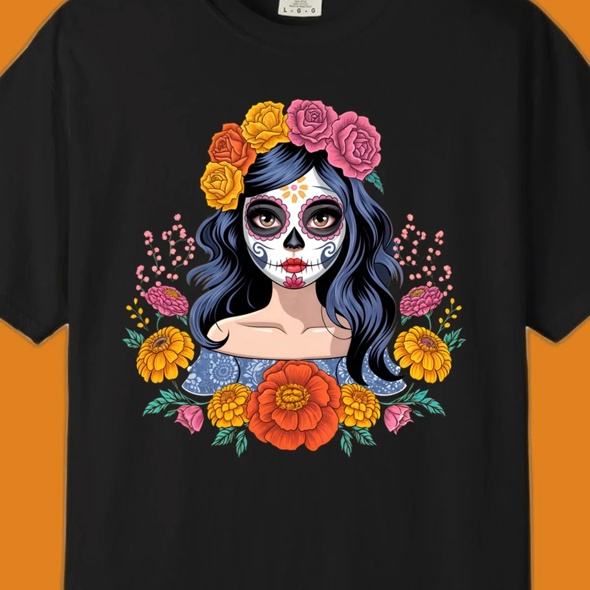 Illustration of a woman with calavera face paint and a vibrant floral crown of roses and marigolds.