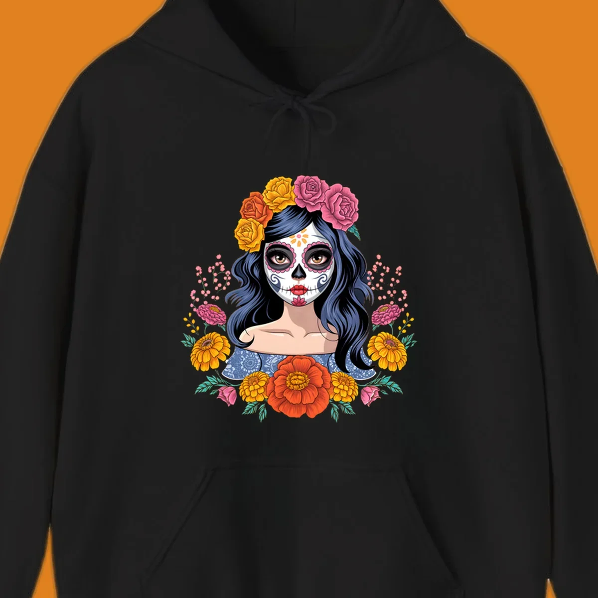Illustration of a woman with calavera face paint and a vibrant floral crown of roses and marigolds.