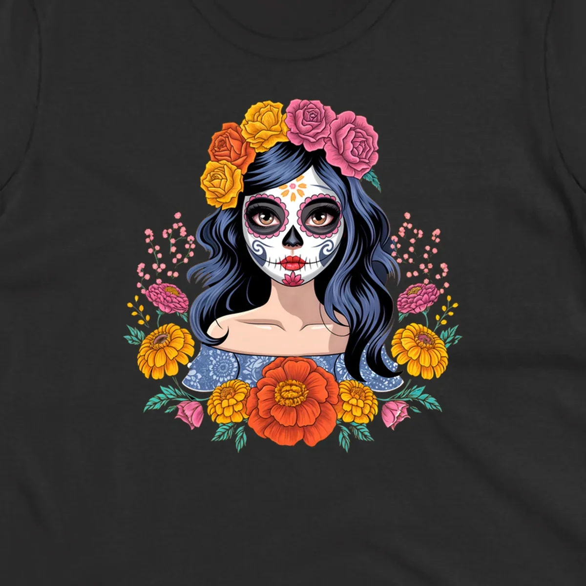 Illustration of a woman with calavera face paint and a vibrant floral crown of roses and marigolds.