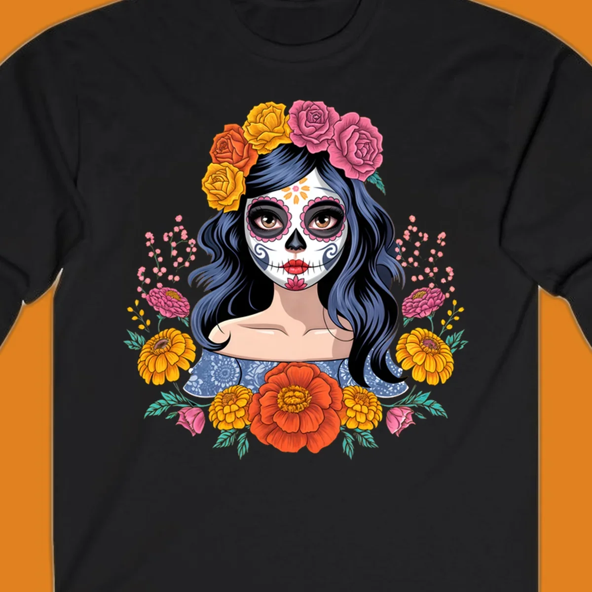 Illustration of a woman with calavera face paint and a vibrant floral crown of roses and marigolds.