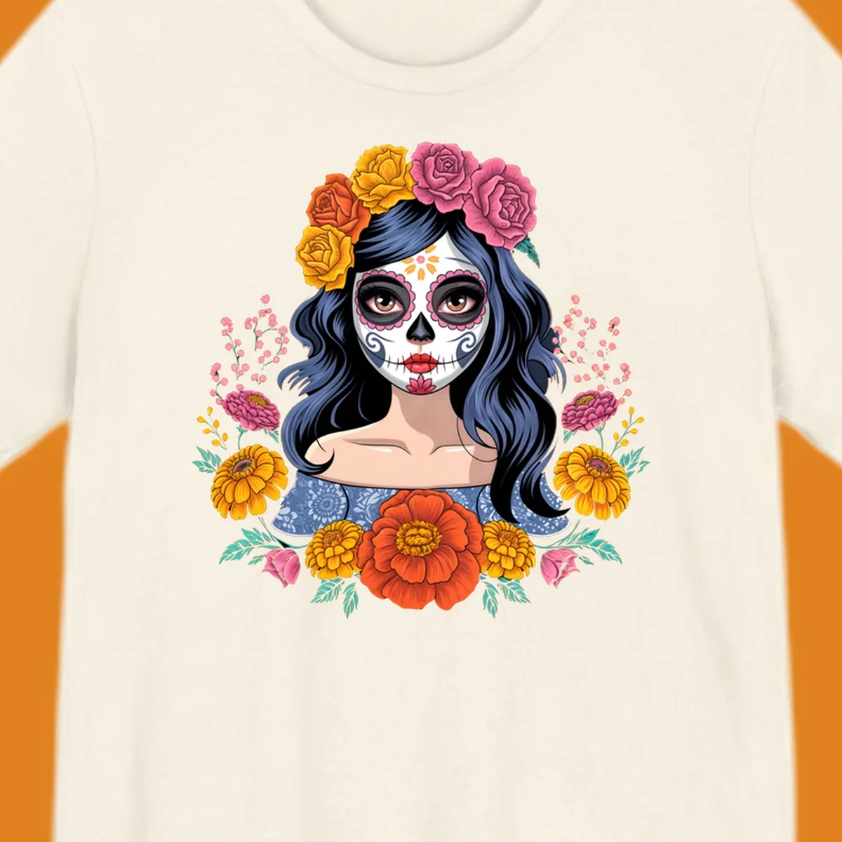 Illustration of a woman with calavera face paint and a vibrant floral crown of roses and marigolds.