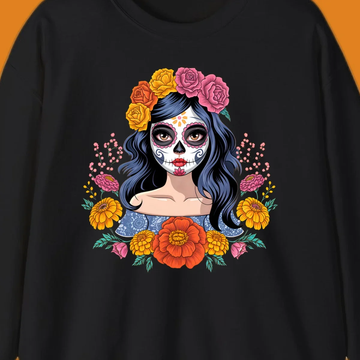 Illustration of a woman with calavera face paint and a vibrant floral crown of roses and marigolds.