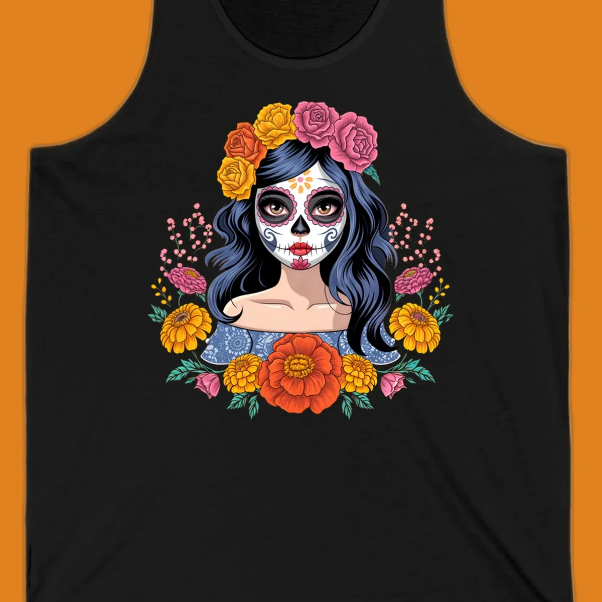 Illustration of a woman with calavera face paint and a vibrant floral crown of roses and marigolds.