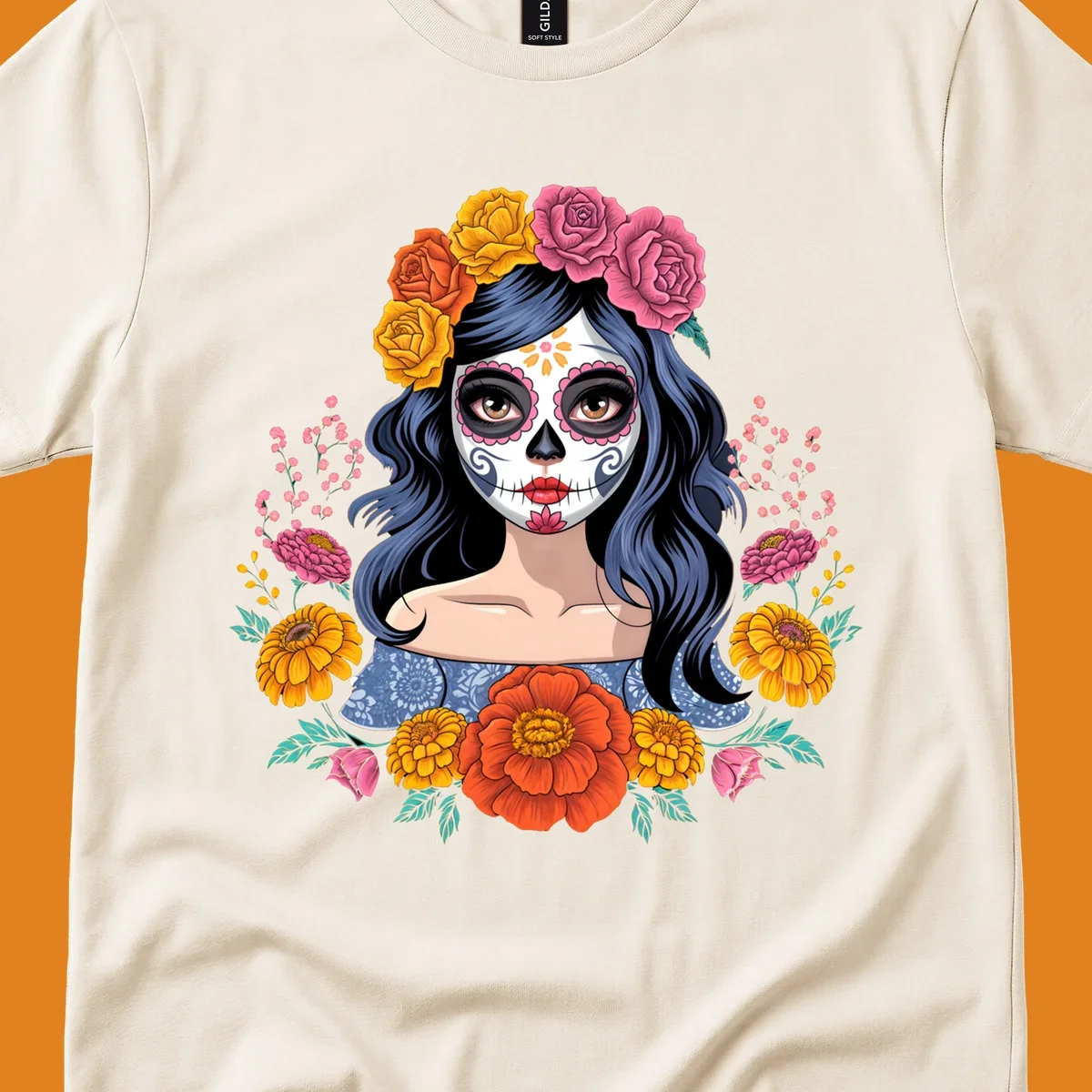 Illustration of a woman with calavera face paint and a vibrant floral crown of roses and marigolds.