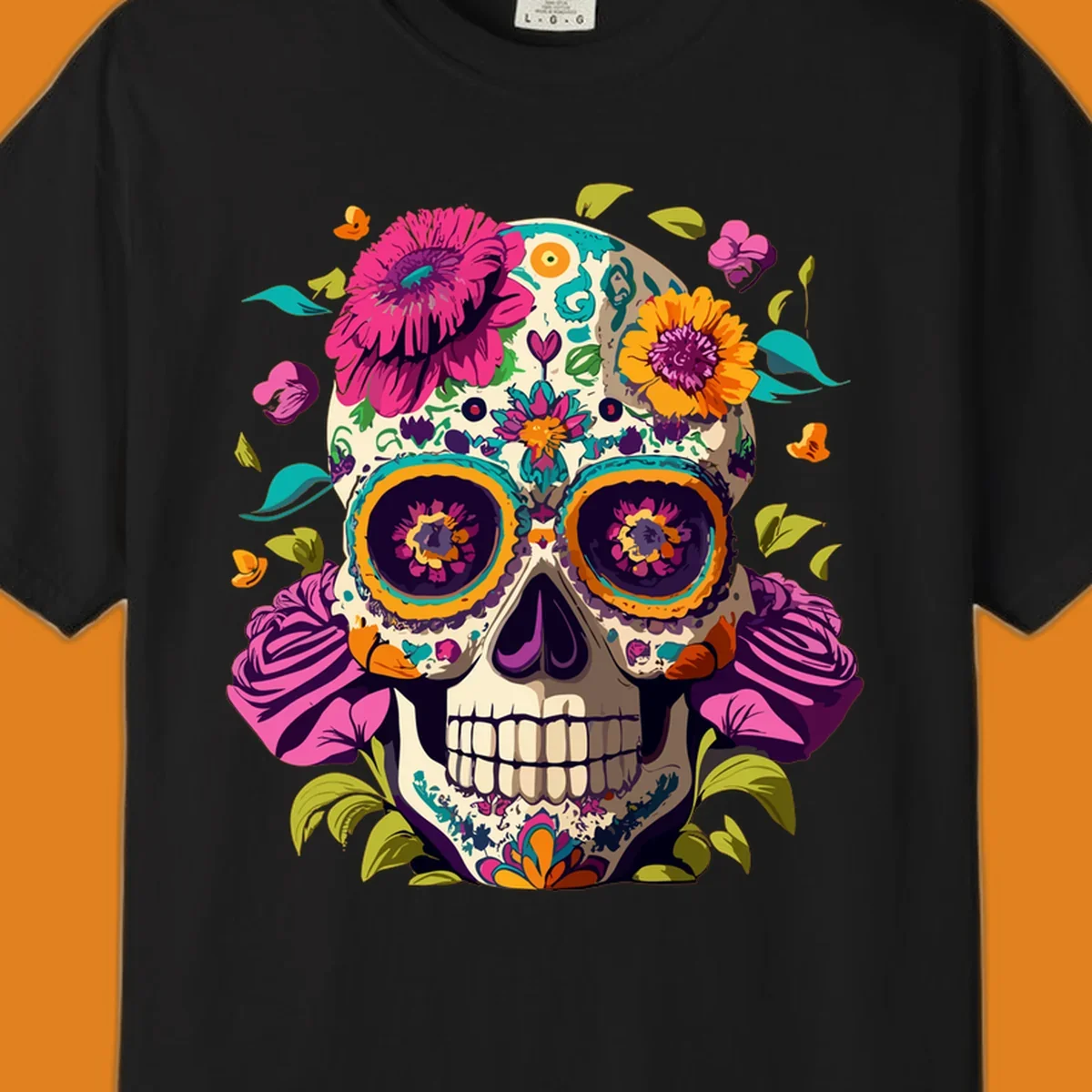 A vibrant floral sugar skull design, a calavera adorned with colorful pink, orange, yellow, and teal flowers and leaves.
