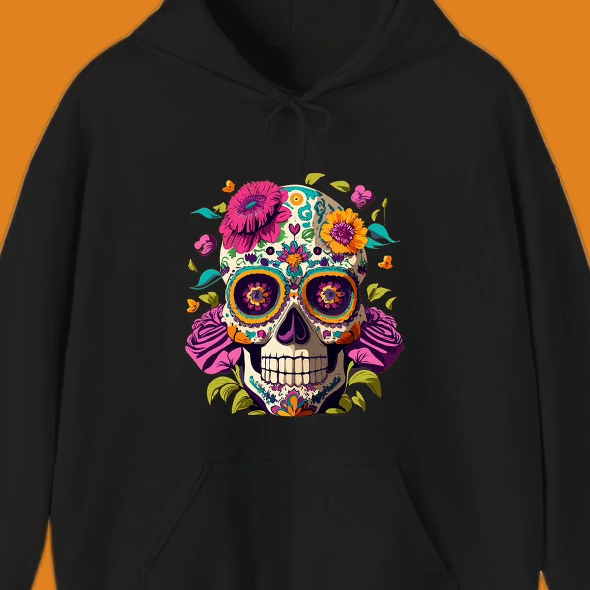 A vibrant floral sugar skull design, a calavera adorned with colorful pink, orange, yellow, and teal flowers and leaves.