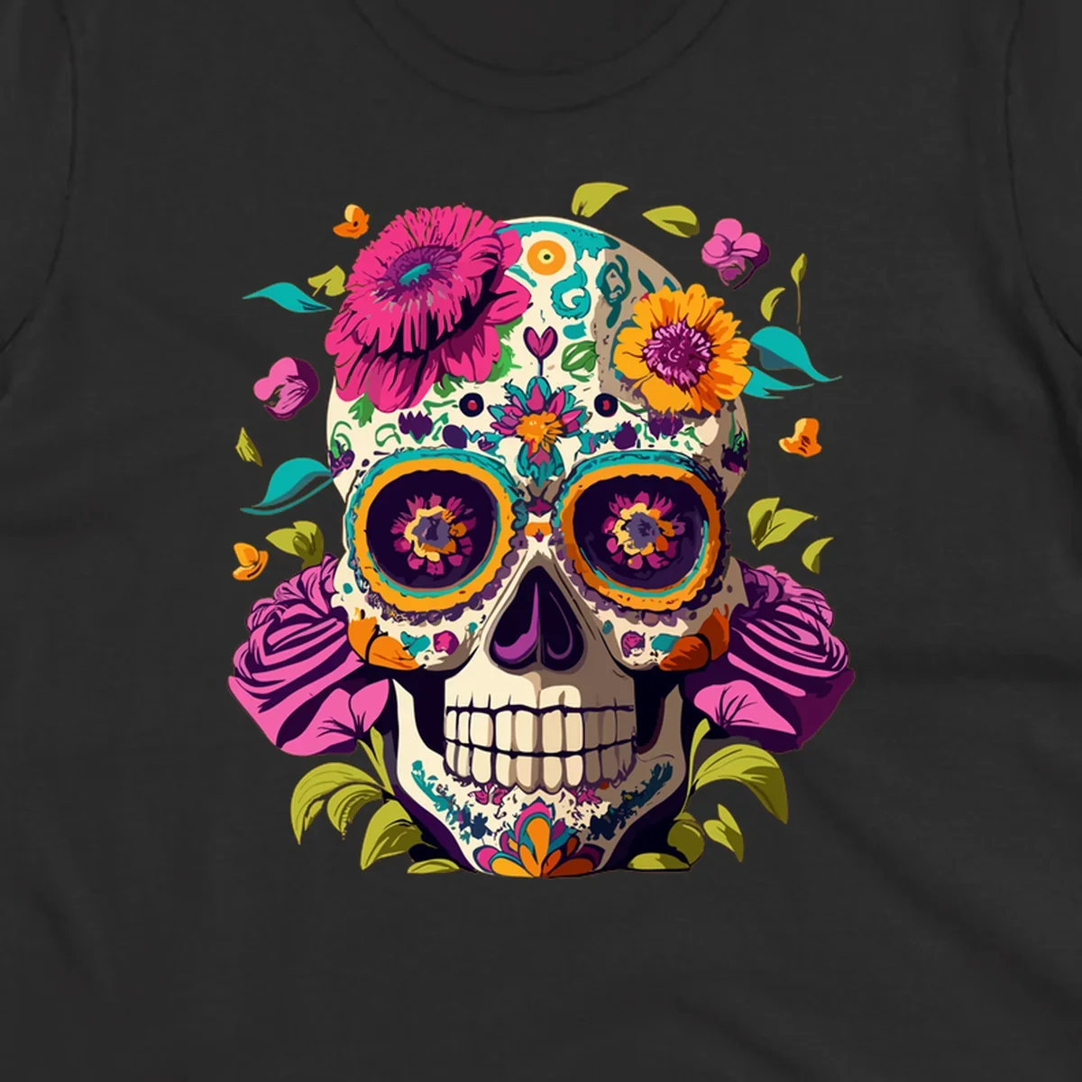 A vibrant floral sugar skull design, a calavera adorned with colorful pink, orange, yellow, and teal flowers and leaves.