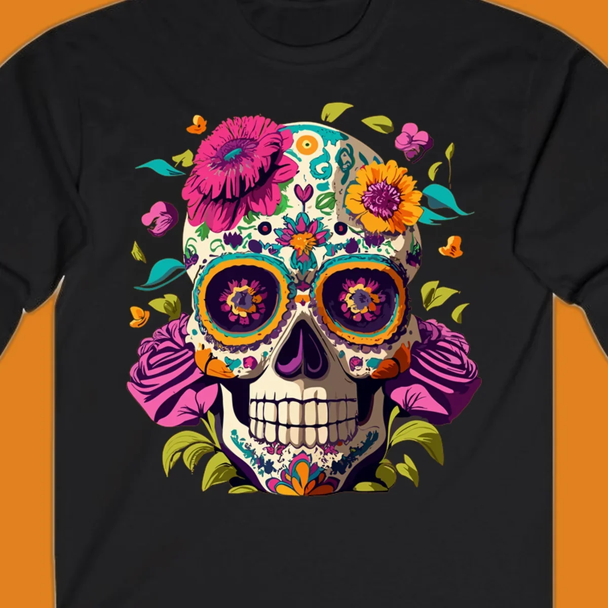 A vibrant floral sugar skull design, a calavera adorned with colorful pink, orange, yellow, and teal flowers and leaves.