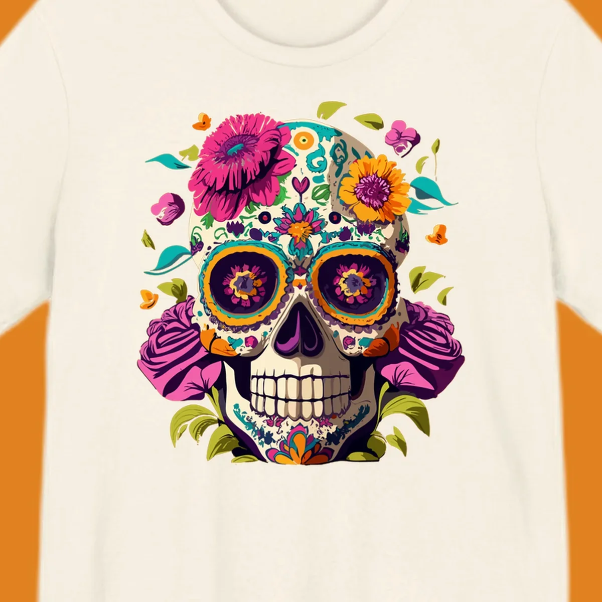 A vibrant floral sugar skull design, a calavera adorned with colorful pink, orange, yellow, and teal flowers and leaves.
