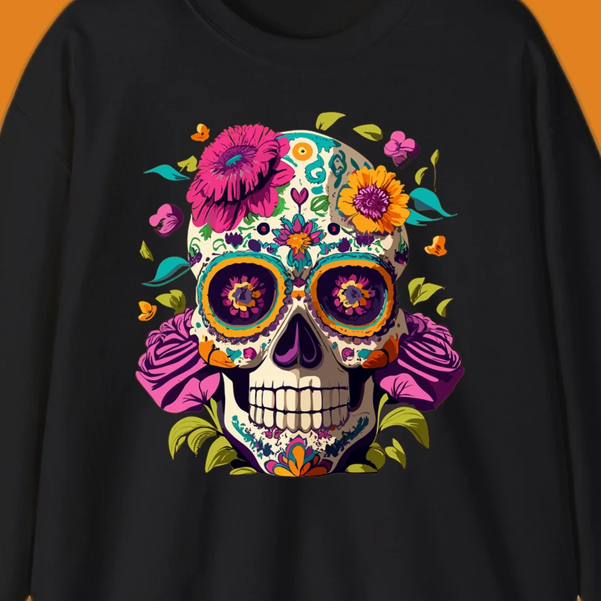A vibrant floral sugar skull design, a calavera adorned with colorful pink, orange, yellow, and teal flowers and leaves.