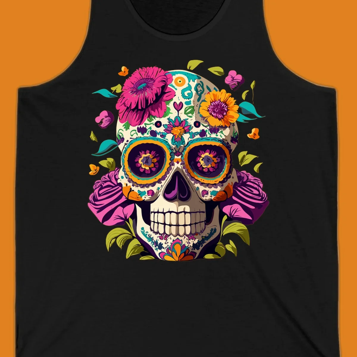 A vibrant floral sugar skull design, a calavera adorned with colorful pink, orange, yellow, and teal flowers and leaves.