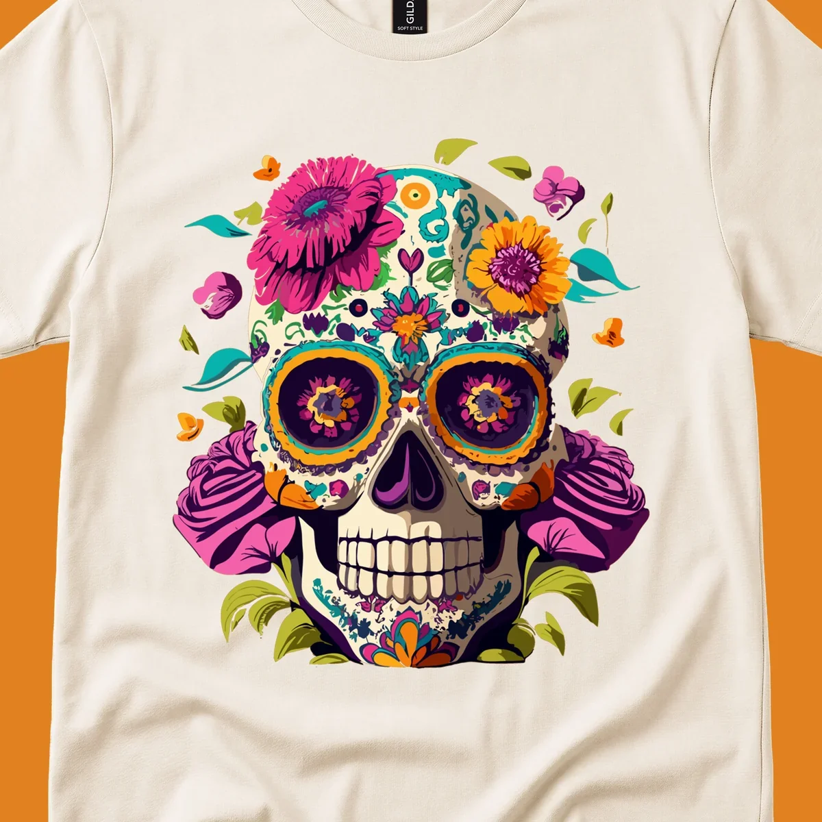 A vibrant floral sugar skull design, a calavera adorned with colorful pink, orange, yellow, and teal flowers and leaves.