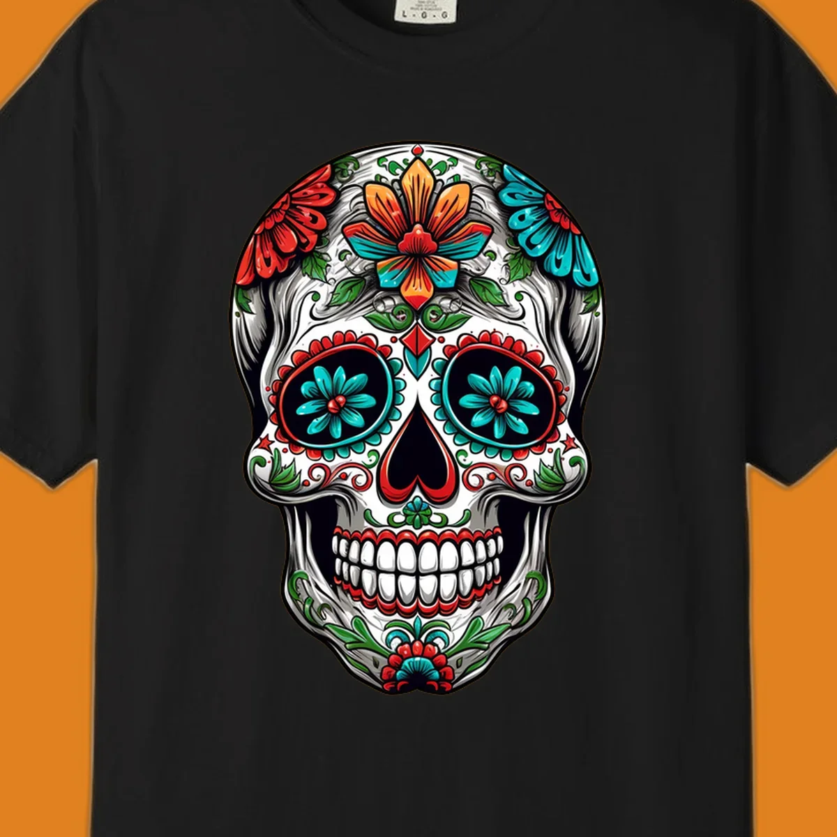 A vibrant floral calavera skull illustration, richly decorated with red, teal, orange flowers, and green leaves.