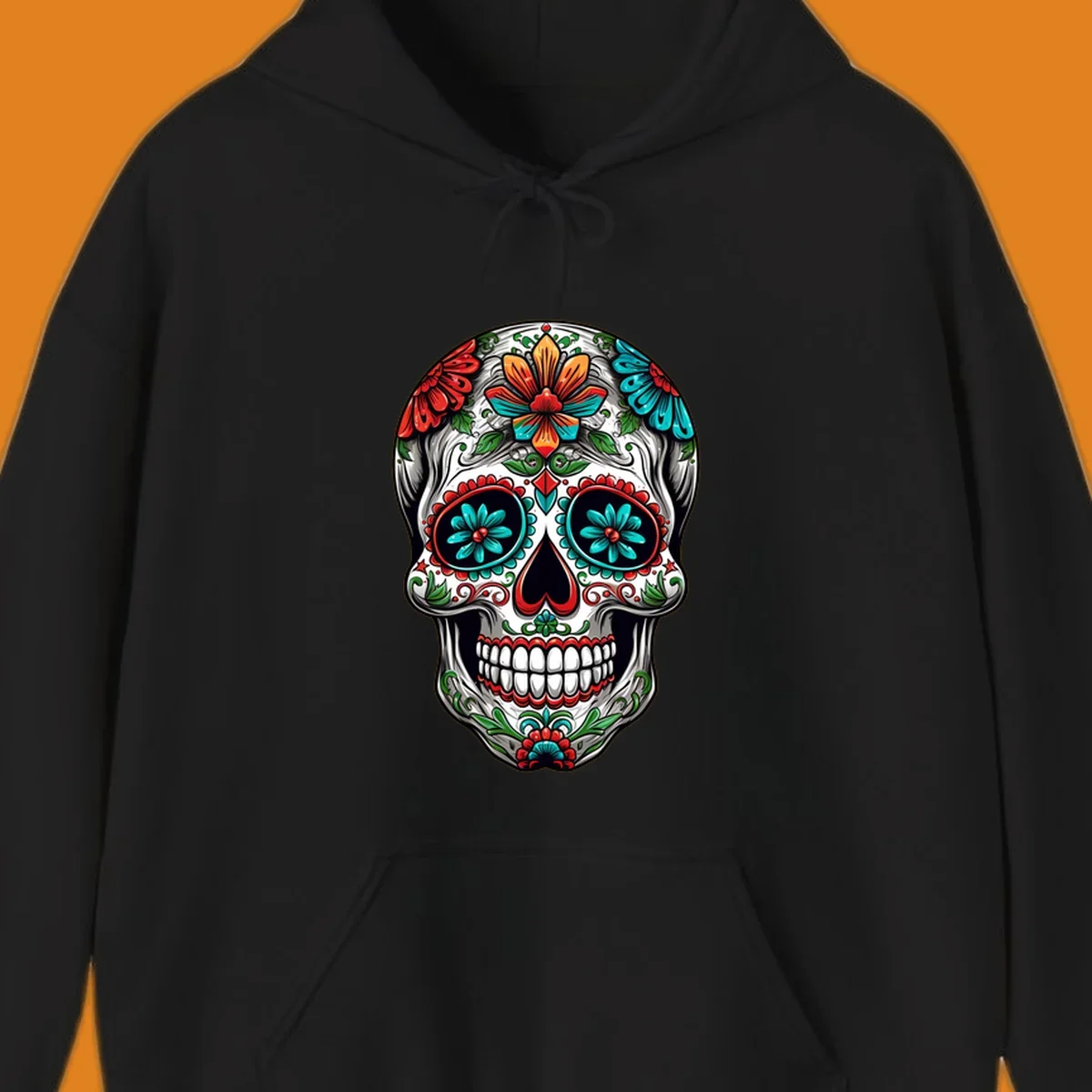 A vibrant floral calavera skull illustration, richly decorated with red, teal, orange flowers, and green leaves.