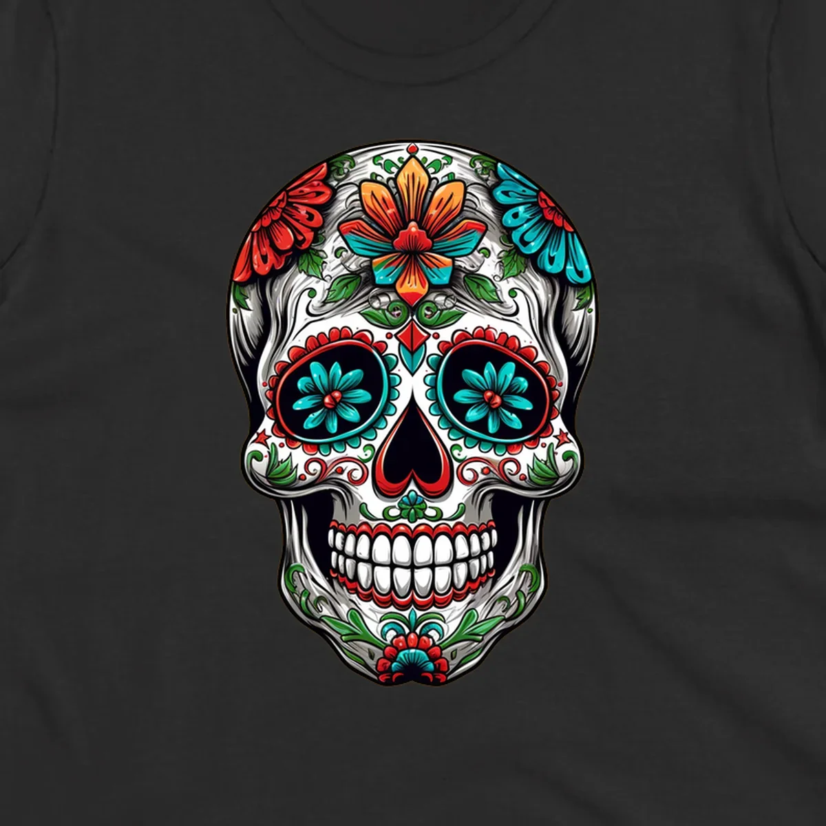 A vibrant floral calavera skull illustration, richly decorated with red, teal, orange flowers, and green leaves.