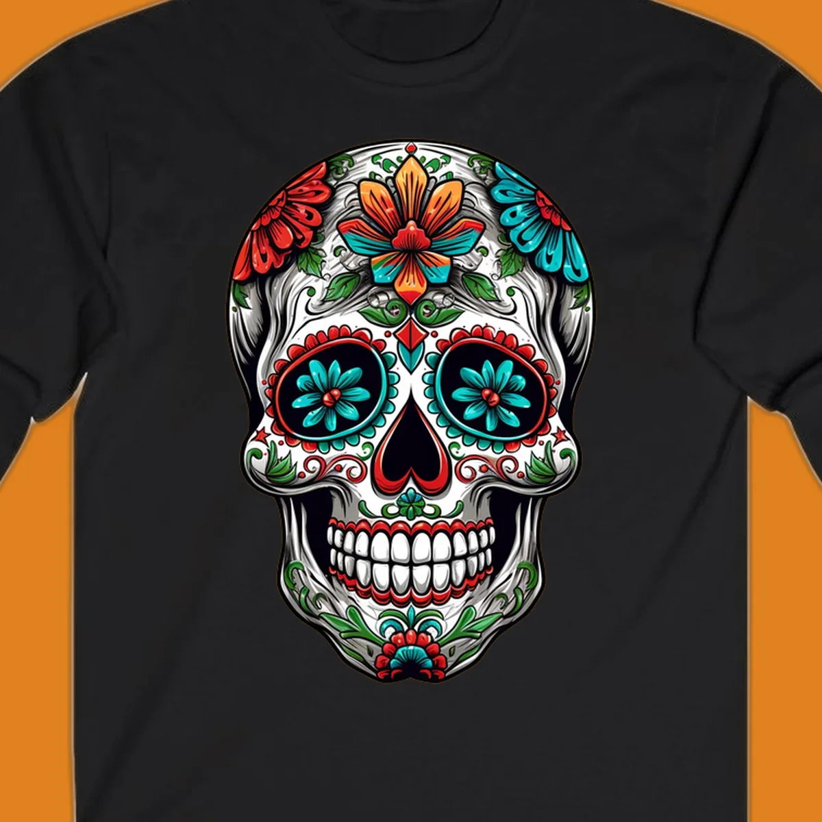 A vibrant floral calavera skull illustration, richly decorated with red, teal, orange flowers, and green leaves.