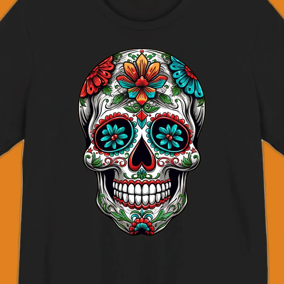 A vibrant floral calavera skull illustration, richly decorated with red, teal, orange flowers, and green leaves.