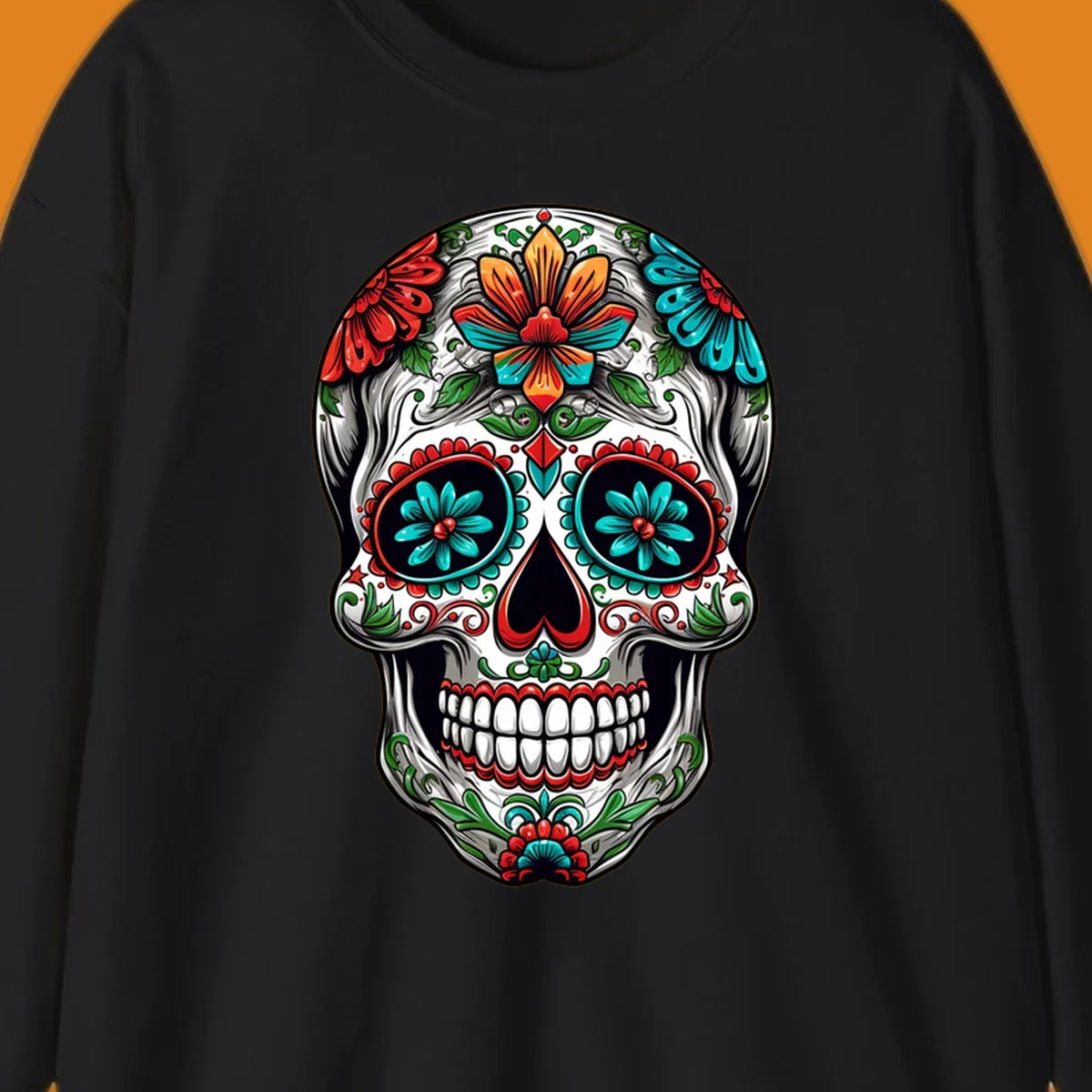 A vibrant floral calavera skull illustration, richly decorated with red, teal, orange flowers, and green leaves.