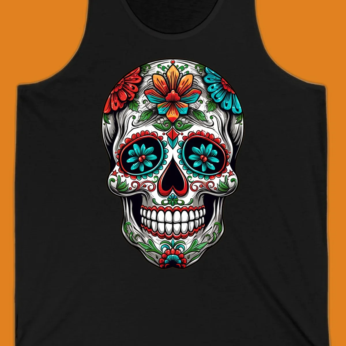 A vibrant floral calavera skull illustration, richly decorated with red, teal, orange flowers, and green leaves.