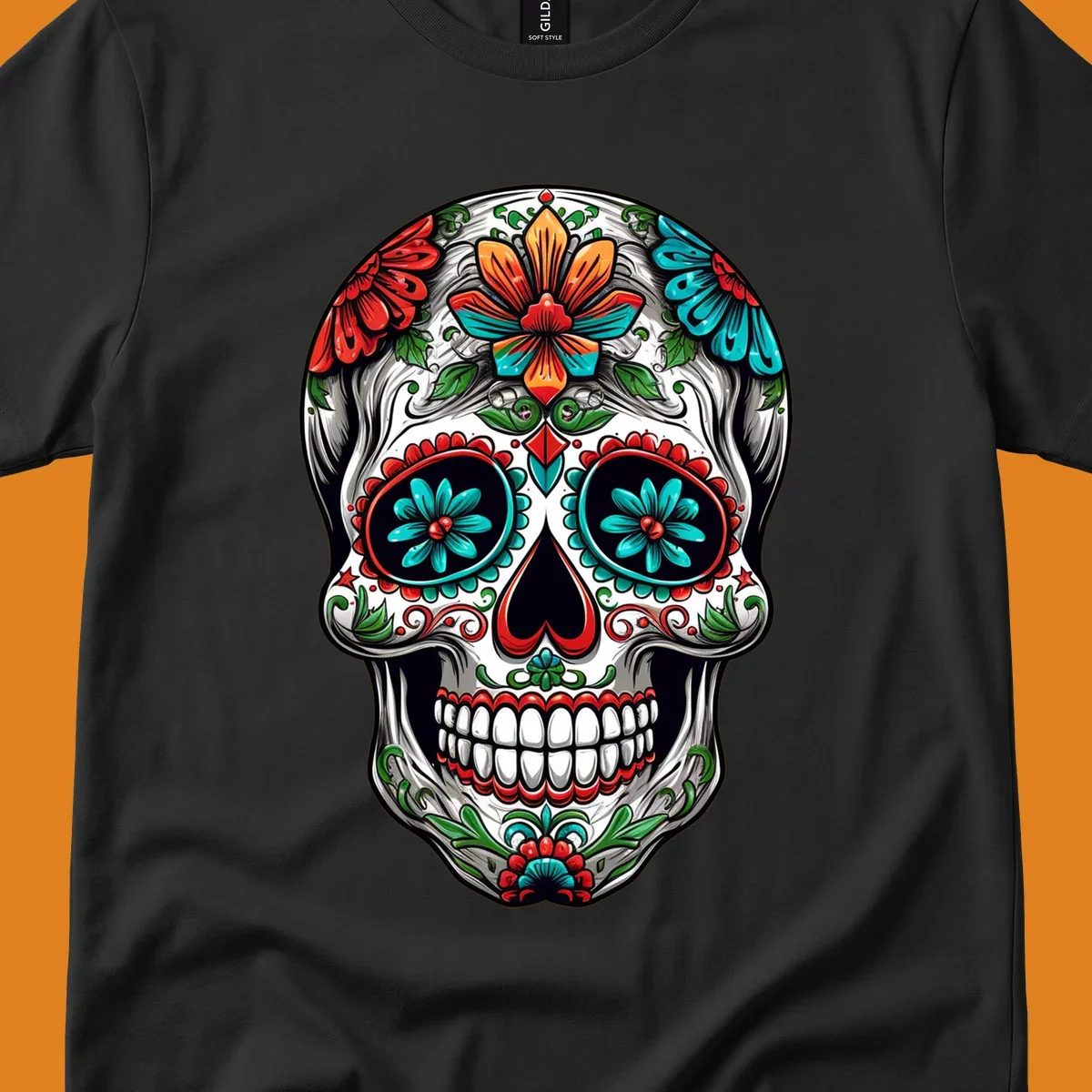 A vibrant floral calavera skull illustration, richly decorated with red, teal, orange flowers, and green leaves.