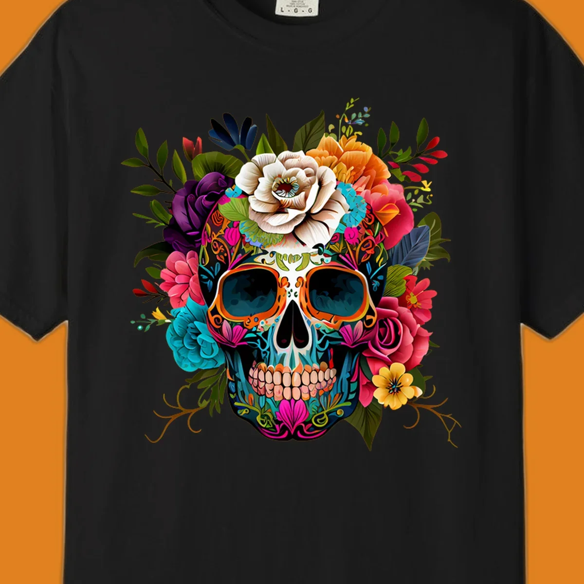 A vibrant floral calavera sugar skull design featuring intricate patterns and a crown of colorful flowers and leaves.