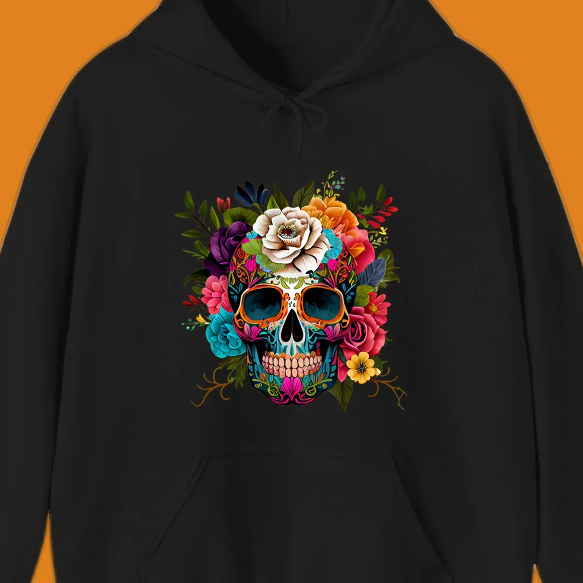 A vibrant floral calavera sugar skull design featuring intricate patterns and a crown of colorful flowers and leaves.