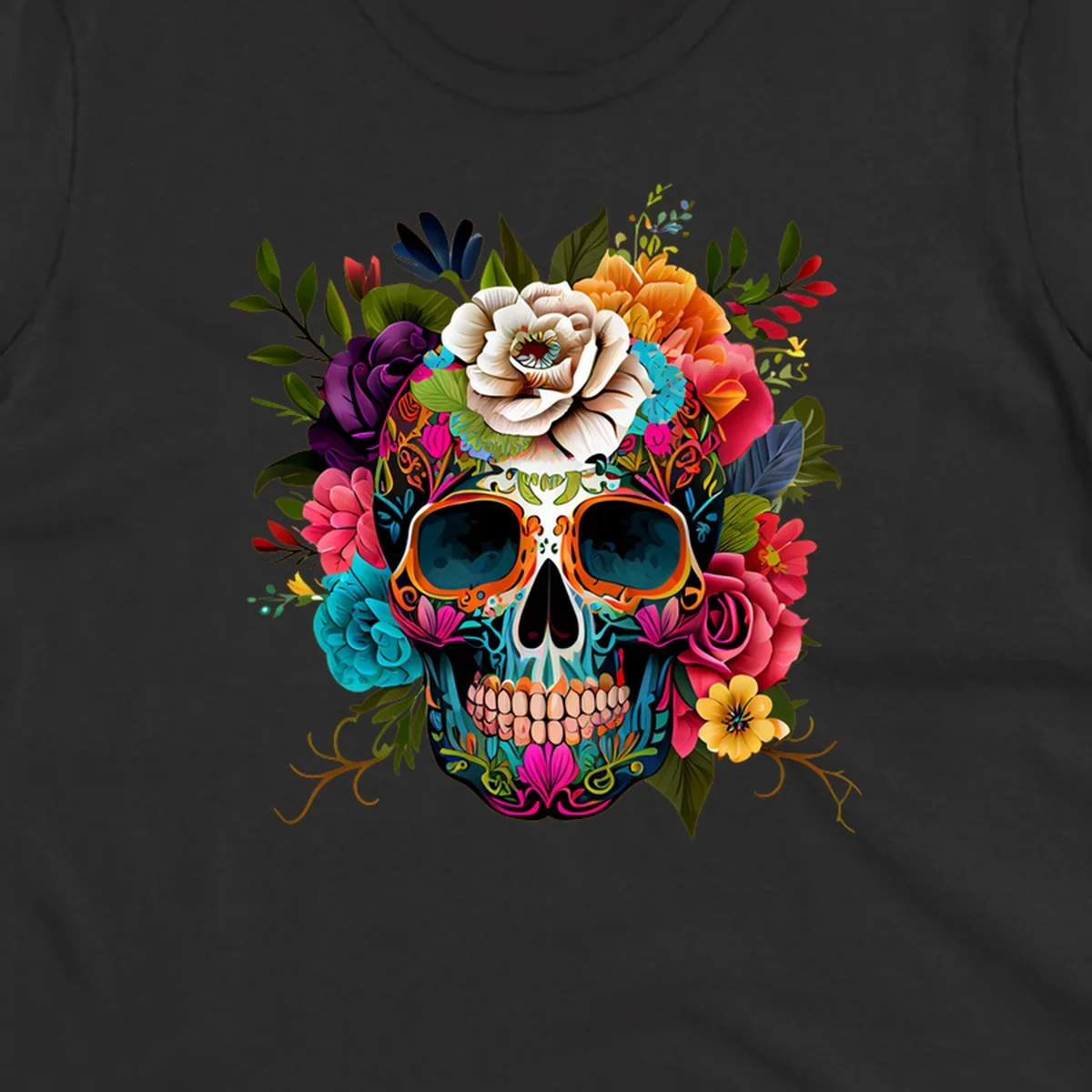 A vibrant floral calavera sugar skull design featuring intricate patterns and a crown of colorful flowers and leaves.