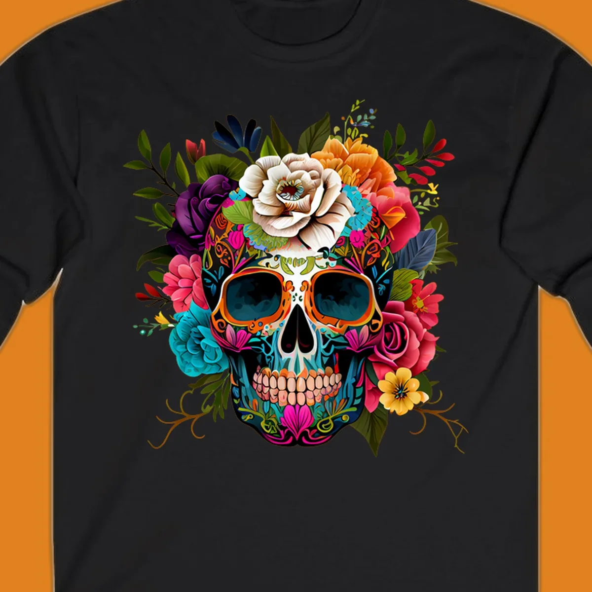 A vibrant floral calavera sugar skull design featuring intricate patterns and a crown of colorful flowers and leaves.