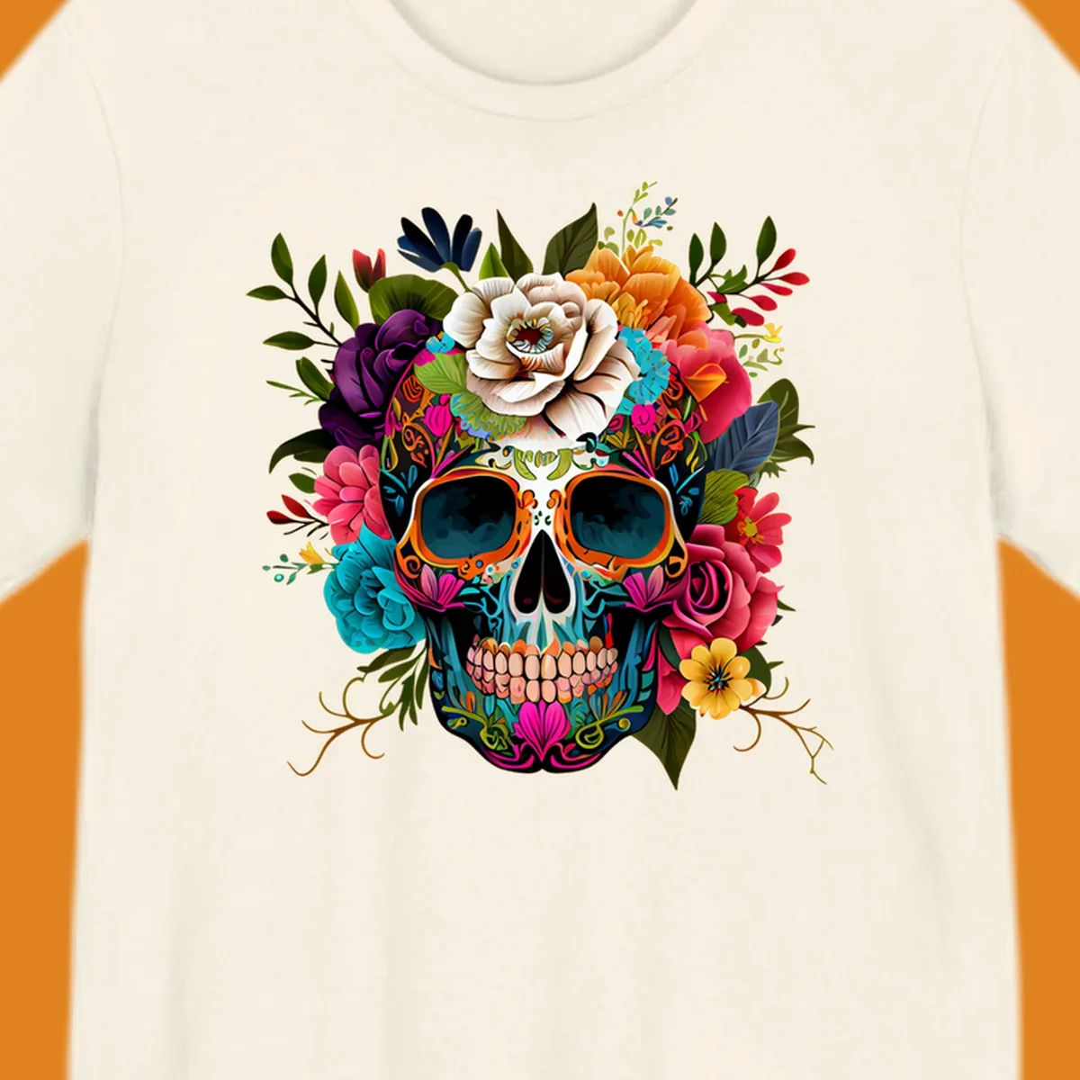 A vibrant floral calavera sugar skull design featuring intricate patterns and a crown of colorful flowers and leaves.