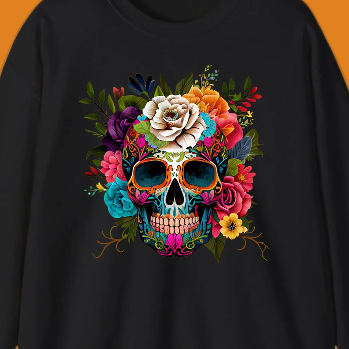 A vibrant floral calavera sugar skull design featuring intricate patterns and a crown of colorful flowers and leaves.