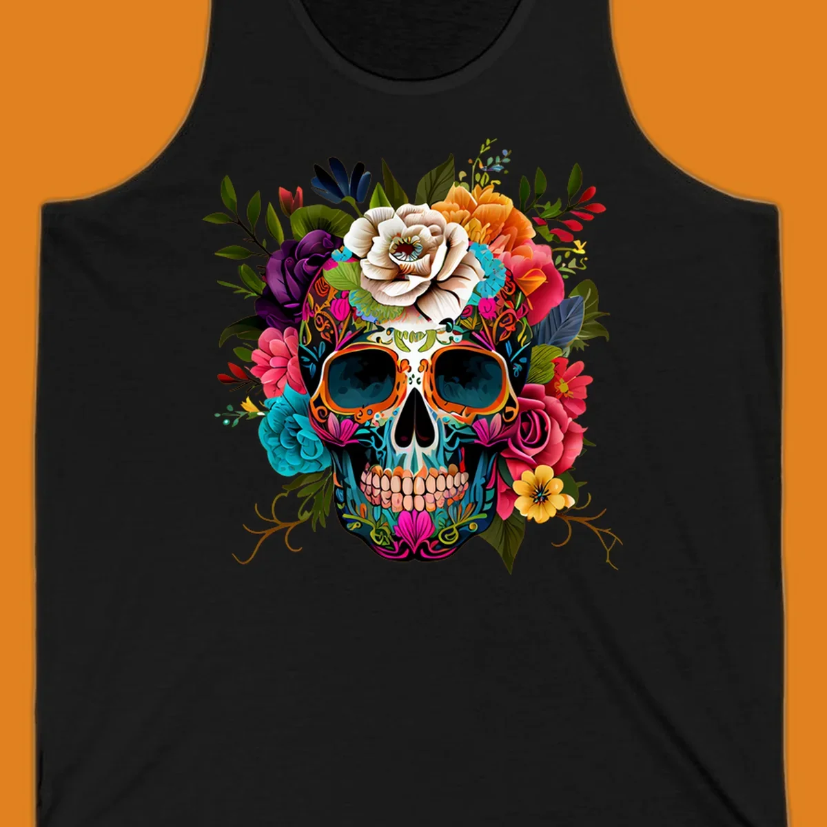 A vibrant floral calavera sugar skull design featuring intricate patterns and a crown of colorful flowers and leaves.