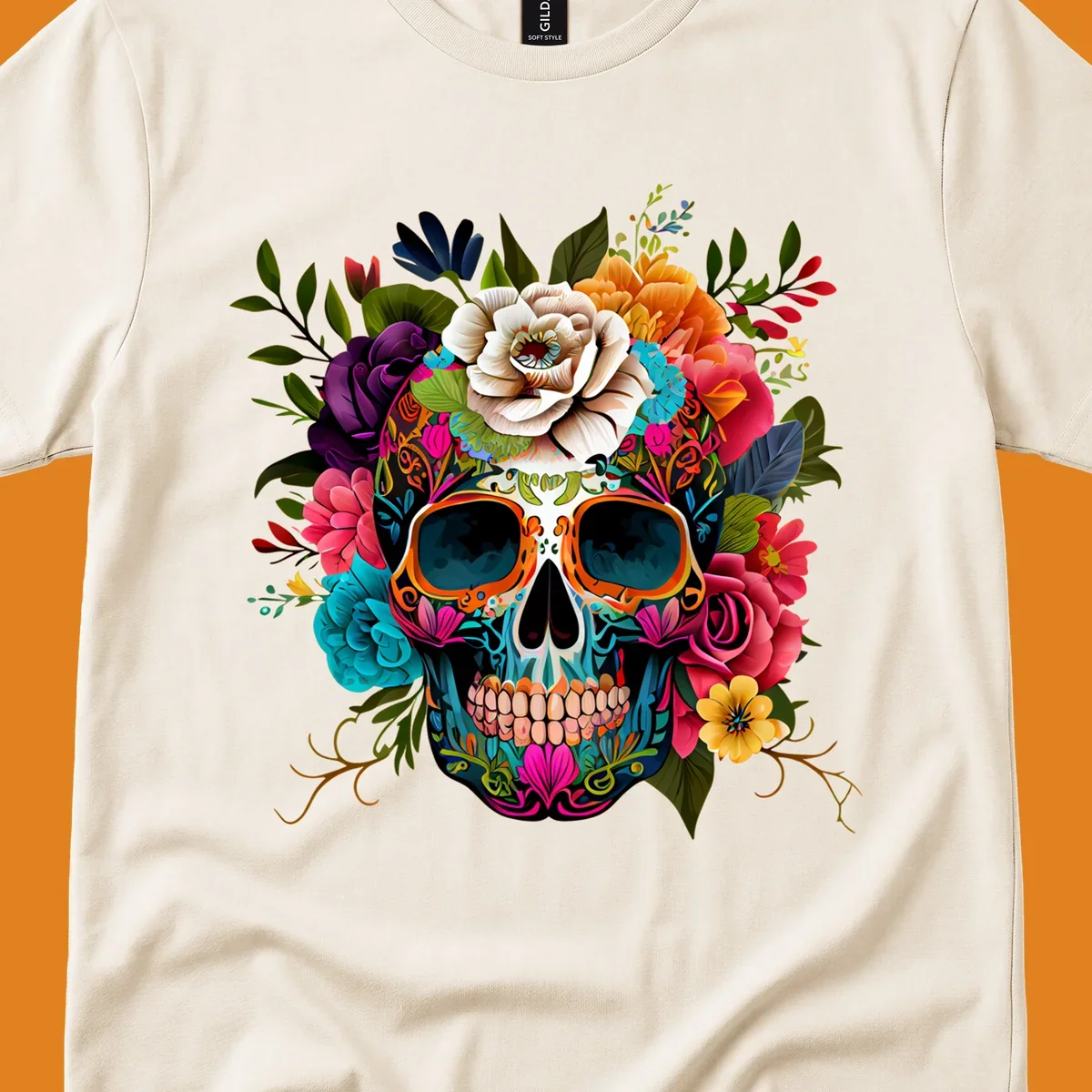 A vibrant floral calavera sugar skull design featuring intricate patterns and a crown of colorful flowers and leaves.