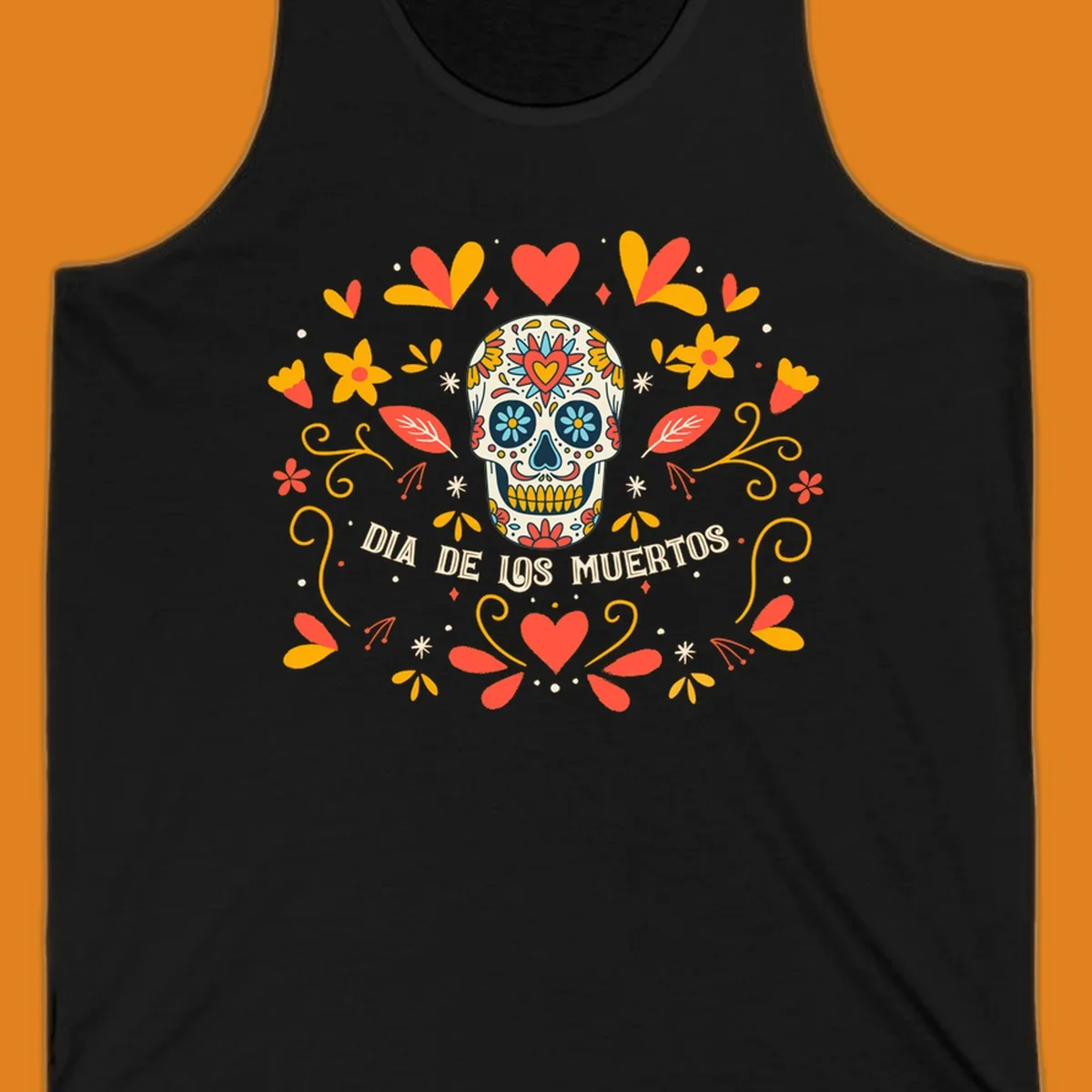 A colorful Día de los Muertos sugar skull with a heart on its forehead, surrounded by a symmetrical frame of red hearts, yellow flowers, and leaves, with 'DIA DE LOS MUERTOS' text below.