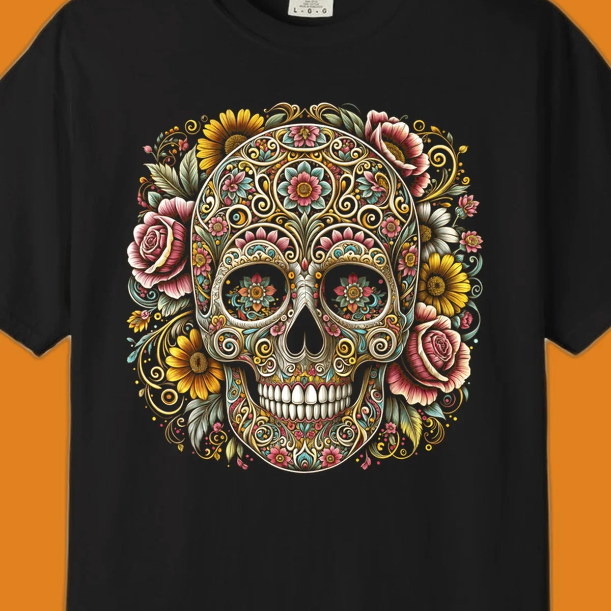 An intricately detailed and vibrantly colored floral-calavera-skull design, adorned with flowers and swirling patterns.
