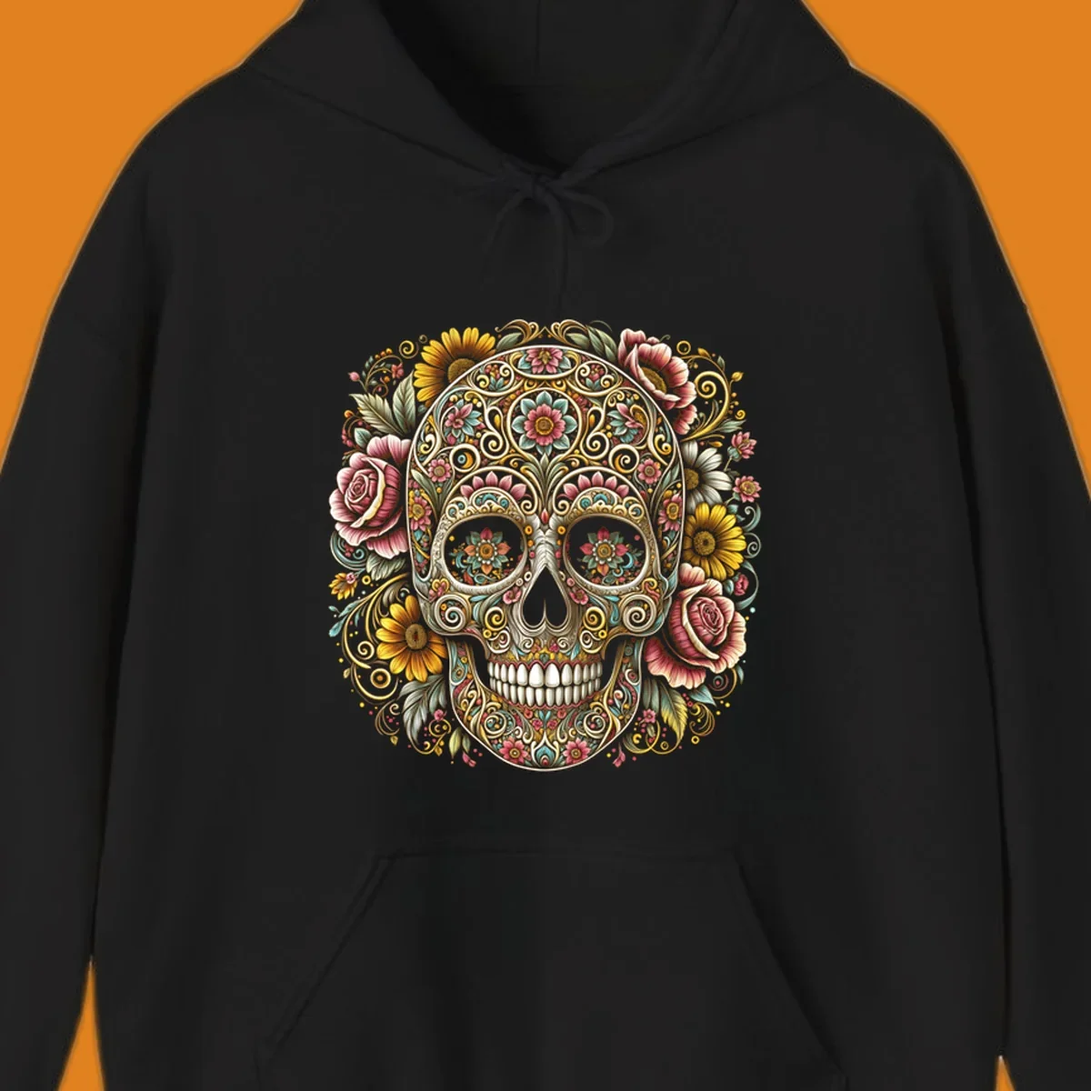 An intricately detailed and vibrantly colored floral-calavera-skull design, adorned with flowers and swirling patterns.