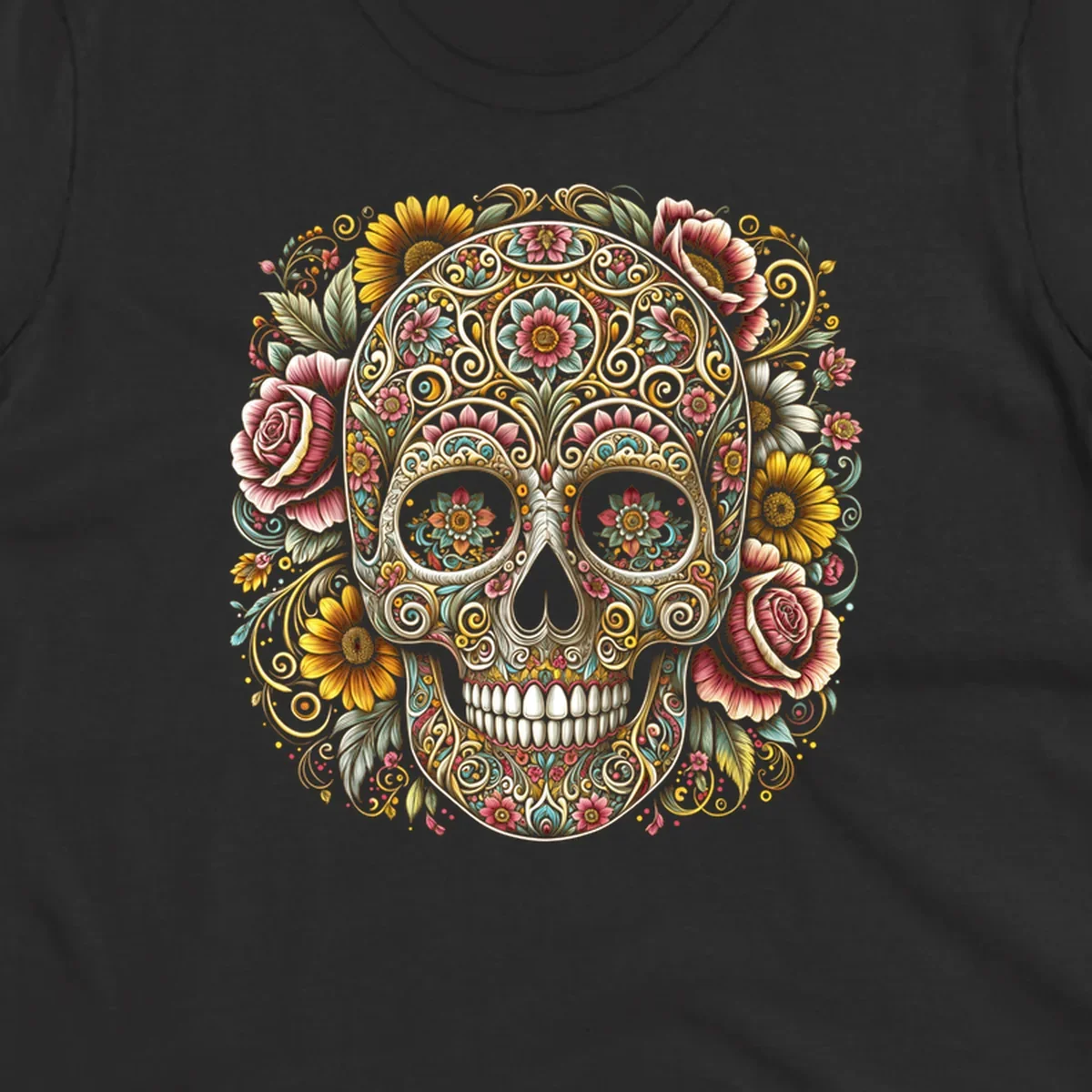 An intricately detailed and vibrantly colored floral-calavera-skull design, adorned with flowers and swirling patterns.